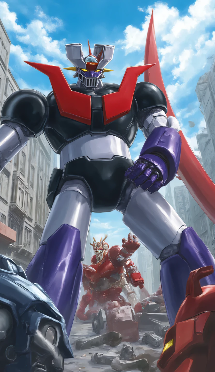 {{{masterpiece}}}, {{{best quality}}}, {{ultra-detailed}}, {illustration}, {{an extremely delicate and beautiful}}, (beautiful detailed eyes:1.6), extremely detailed face, 8k, anime face, (anime colored:1.5), mazinger, Mazinger Z, giant robot, bigger than a building, black chest, red heat sink, black shoulders, white upper arm, black cubital fossa, white belly, black waist, white thighs, black calf, (bareback:1.3), BREAK, 2 robot, (giant robots fighting each other:1.5), Mazinger_Z is fighting mechanical beasts in the city, he is clenching his fist and thrusting his arm forward in a punching pose, mechanical beasts, Beast-like robot, (there are robot remains around:1.5), outdoor, daytime, city, factory,(whole body:1.5), (cropped shot:1.5)