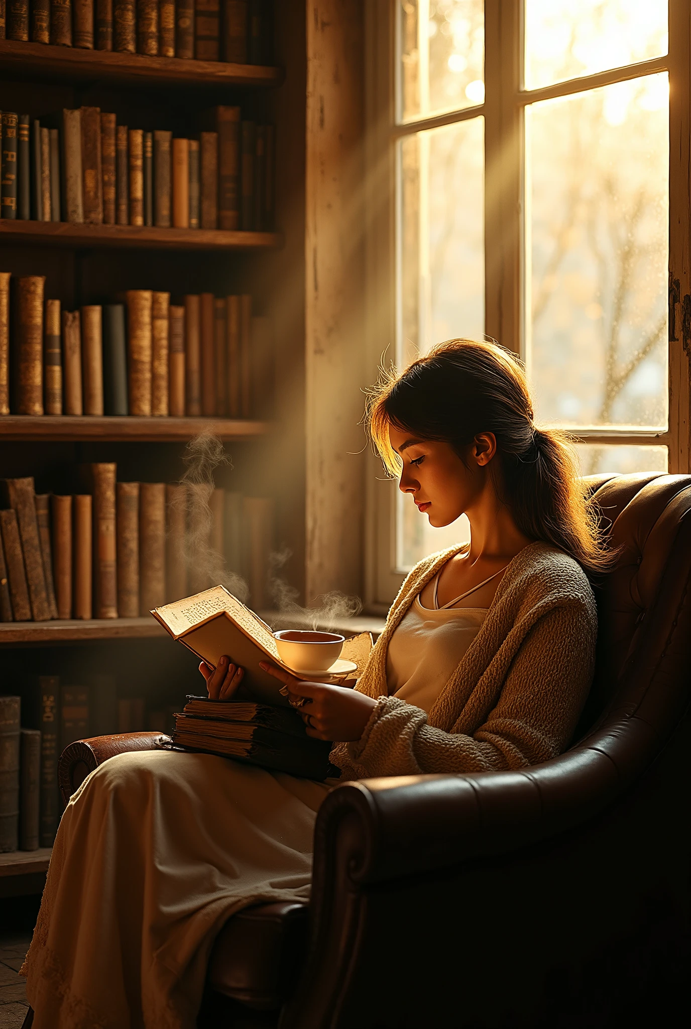 detailed , sharp, realistic, Ultra-realistic photograph of a quiet bookstore corner under amber dusk light. Sunlight filters through tall dusty windows, casting golden rays across wooden shelves stacked with old books. A young woman in a soft cardigan sits in a leather armchair, deeply absorbed in a worn novel, one hand gently holding a porcelain teacup with rising steam. Dust motes float in the air, paper textures and wood grain captured in sharp detail. Warm atmosphere evokes the scent of paper and ink. Shallow depth of field, 85mm portrait lens, cinematic realism, extreme photorealism.