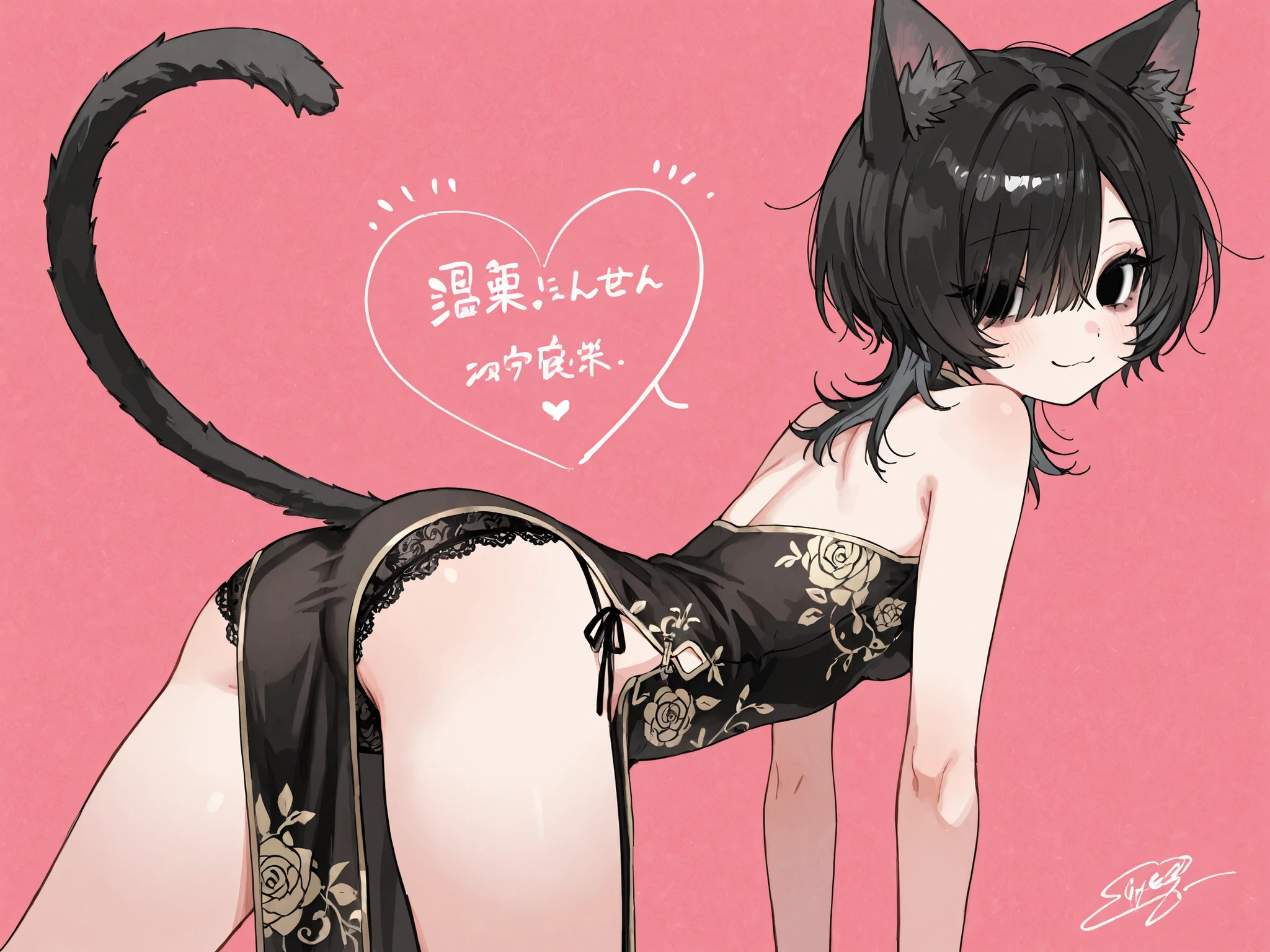 one girl、Composition showing the whole body、dark haired、bangs are straight、wolf cut hair with pink inner color、The ends of the hair are curled outwards、hair over left eye、black eyes、long upper and lower lashes、Triple Eye、cute short Chinese dress based on black and gold、Slit、black lace underwear、黒いcuteパンプスを履いている、hanging eyes、long eyelashes and lower lashes、cuteポーズ、has pink background、cute表情とcuteポーズ、Average bust、under the eyes、cute、greatest masterpiece、Smile Yan、peace sign、黒いcuteブレスレット、Cat ears