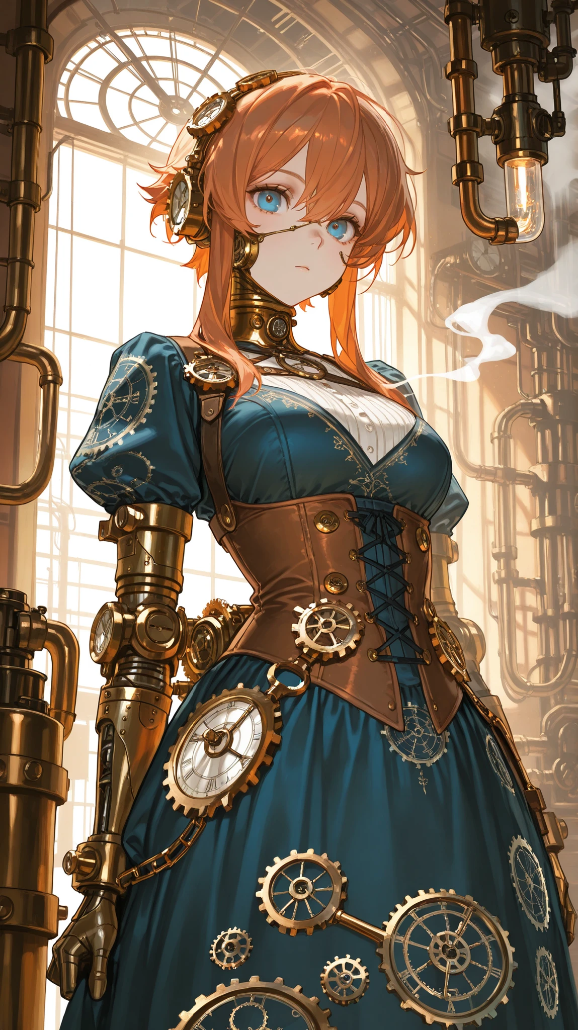 (masterpiece:1.3, 8k:1.3, Highest Quality:1.3, detail:1.3, high resolution:1.3, digital painting, Super Detailed), 3/4 viewers, 1 girl, Metallic Automaton Features, Machinery Parts, Brass and Copper Skin, Clockwork Patterns, Steampunk Dress, Gear Accessories, Victorian Factory Background, Over Fat Man Steam Effects, copper tube , detailed Machinery Parts, industrial lighting