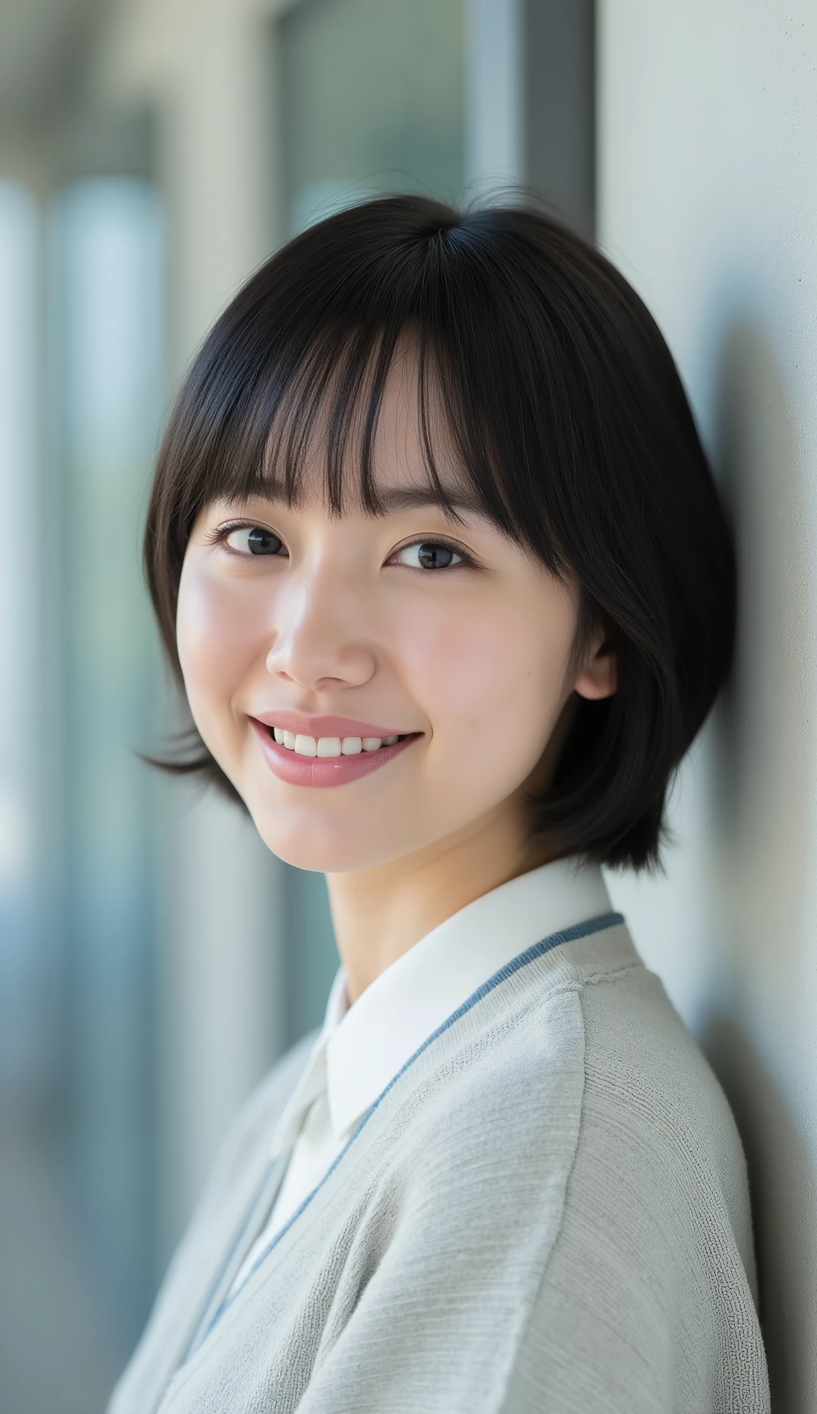 full body（ from head to foot）Capturing 、。reflect a height of 155 cm in consideration of perspective、。
 28 year old Japanese woman。close-up seen from the front、watching the 2 people in front while smirking、Peering Down、Teasing expression（eyeが細くなり、mouth角が上がって軽くニヤリ、cool impression with intellectual curiosity）、Peering Down。blackhairベースにシルバーとダークブルーの非常に軽いグラデーション（ clothes based on black ）Short Bob （Kyouko style、that is young、前hairは短めストレートバング）。ダークブラウンの杏eye（the corners of the mouth are lightly raised）、thin framed silver Glasses、明るめの自然なskin、transparent, healthy, 28-year-old young々Shi。well-formed, soft, oval facial features、transparent and healthy、additional nuance
Atmosphere。whiteい shirtに薄いグレーのカーディガン、星型 pendantを首に、blackいスカートとblackい革shoes。wall側に立った
 See style
「Aragaki Yui's Realistic Portrait Photography Style、sit on the right side of the gym。See cool and natural expressions of Japanese women。
淡いグレーのオフィスwall、bright, natural lighting、white shirt and light gray cardigan {x} simple, work-like atmosphere with door frames and mirrors。behind、2 people in front using perspective（man and woman）Keep an eye on。
natural beige（skin）and greys（wall）、black（hair、 pants、shoes）and silver（glasses、hair飾り、 pendant）、white（ shirt）

