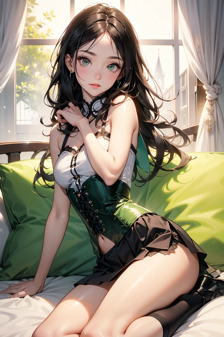 (full body shot, full body view), cute and symmetrical face, masterpiece, RAW photo, best quality, photorealistic, extremely detailed CG unity 8k wallpaper, (natural side lighting, movie lighting), looking at viewer, (face focus), 1 girl, japanese, 25 years old, perfect face, perfect body, shiny skin, (long sideburns, light black hair), hair between eyes, emerald green eyeiddle ???????), beautiful hair, beautiful face, beautiful lips, beautiful eyes, beautiful detailed eyes, beautiful clavicle, beautiful body, beautiful ?????, beautiful thigh, (beautiful long thin legss), beautiful fingers, (small ????), blush, ( Stiletto heels and anklets), black office lady uniform，Office wear，(black flare skirt,ruffle skirt),(biologically correct form,correct appearance as a human being), (lovely smile, slightly open mouth),droopy eyes, black stockings, slender body, garter belt