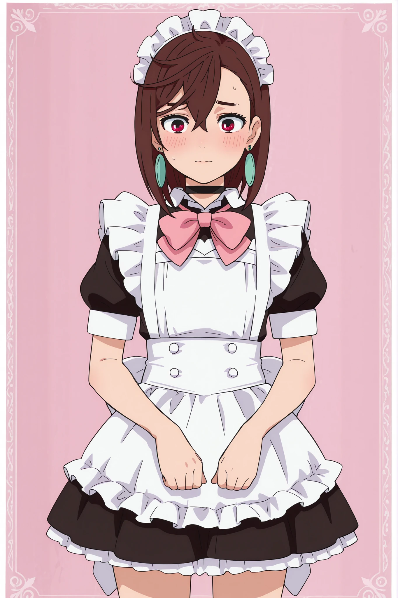 masterpiece,high quality,1girl,solo, asymmetrical bangs, hair between eyes, medium hair, brown hair, red eyes, earrings, black choker, anime screencap, anime screenshot, anime coloring, maid outfit, short frilly skirt with white apron, puff sleeves, dark navy dress, large pink ribbon bow tie, maid headdress, cute maid café uniform, detailed fabric, shy, blush, (background : vignette border)
