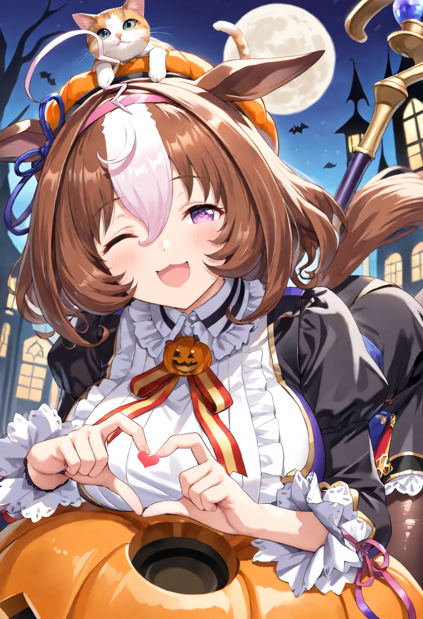 (masterpiece, best quality, perfect face:1.4), wide angle, meisho doto \(umamusume\), 1girl, ahoge, horse ears, ear ornament, pink headband, horse tail, tail on the lower back, proportional body, proportional, beautiful hair, beautiful face, beautiful detailed eyes, beautiful clavicle, beautiful body, beautiful chest, beautiful thigh, beautiful legs, beautiful fingers, looking at viewer, BREAK, long sleeves, black dress, puffy sleeves, hat, frills, brown pantyhose, jack-o'-lantern, torn clothes, orange headwear, neck ribbon, halloween costume, holding staff, BREAK, Leaning forward, look up, Tilt your head, (((Heart Hands))), ((cat on top of head)), BREAK, blush happy smile (open mouth), one eyed closed, textured skin, realistic skin, HDR, BREAK, good hands
