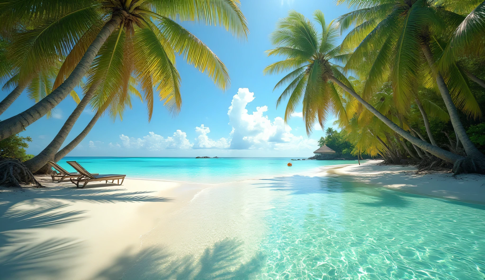 A breathtaking tropical paradise beach with crystal-clear turquoise water, sunlight reflecting in glowing patterns on the ocean floor. White sandy beach with tall coconut palm trees casting shadows on the sand. Two sun loungers and a small hut in the distance under the shade of palms. The sky is bright with soft clouds and warm tropical sunshine. Ultra-realistic style, vibrant and saturated tropical colors, cinematic composition, perfect for a YouTube thumbnail (3840×2160, 16:9, 4K)