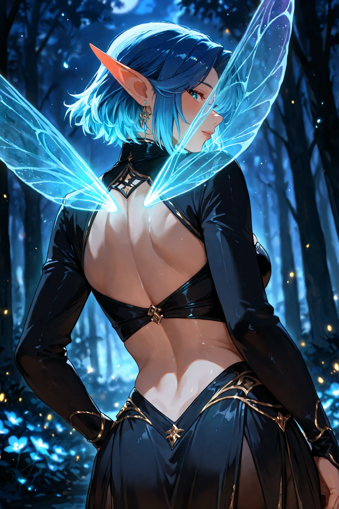 The image shows an animated character with, prickly blue hair, backs that appear to shine with an ethereal light, creating a vibrant contrast with a darker background. The character has pointed ears and fairy wings, suggesting that they may belong to a mythical or fantastic species. They are portrayed with, no visible clothing, short emphasizing their slender constitution and light skin tone. The character's posture is relaxed, with the hands resting on the hips, Designing Confidence. Surrounding them are subtle luminescent effects that provide a supernatural aura, enquanto o escuro, . The blurred background suggests a dark night or forest setting. The general atmosphere is mysterious and charming , combining elements of fantasy and magic, luminous qualities of the character's hair And the dreamy environment.