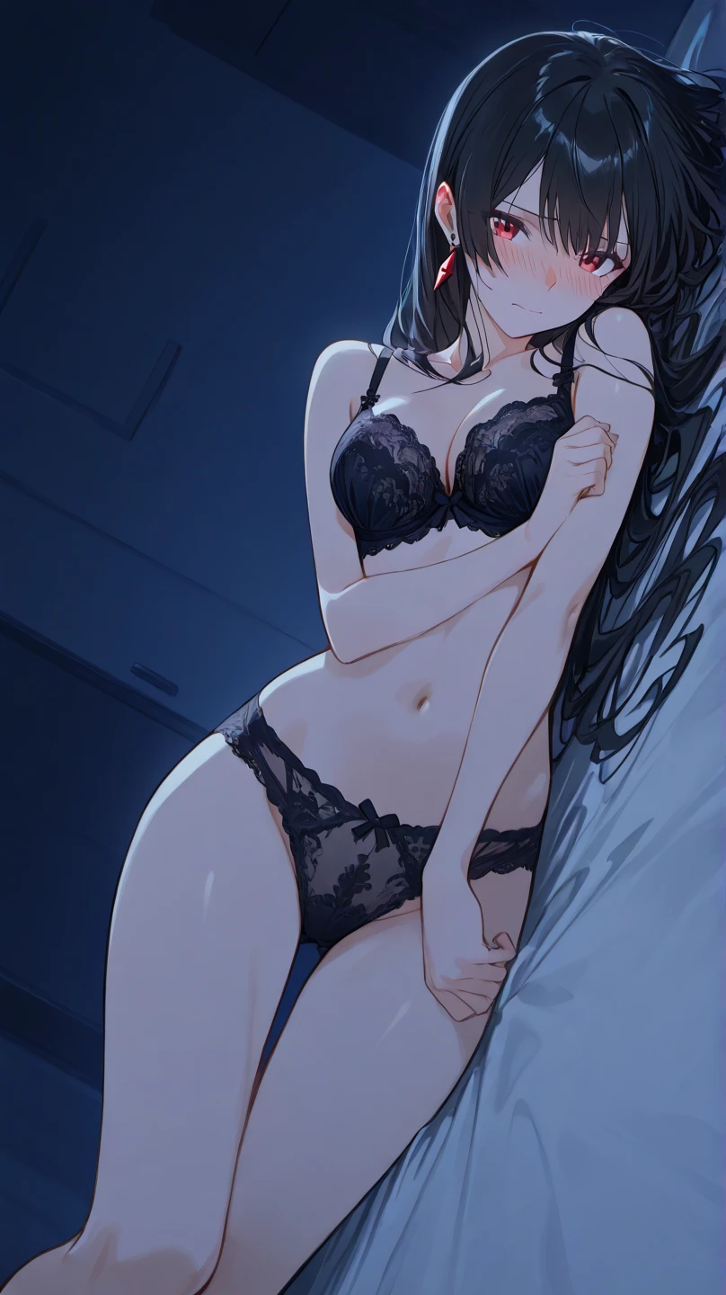 anime girl wearing blue shirt and black ????????? on a bed next to a bed 1girl, solo, panties, ?????????, black hair, long hair, bra, lying, on back, black panties, ???????, looking at viewer, blue eyes, twintails, navel, ????????? only, black bra, thighhighs, ???? shoulders, stomach, pillow