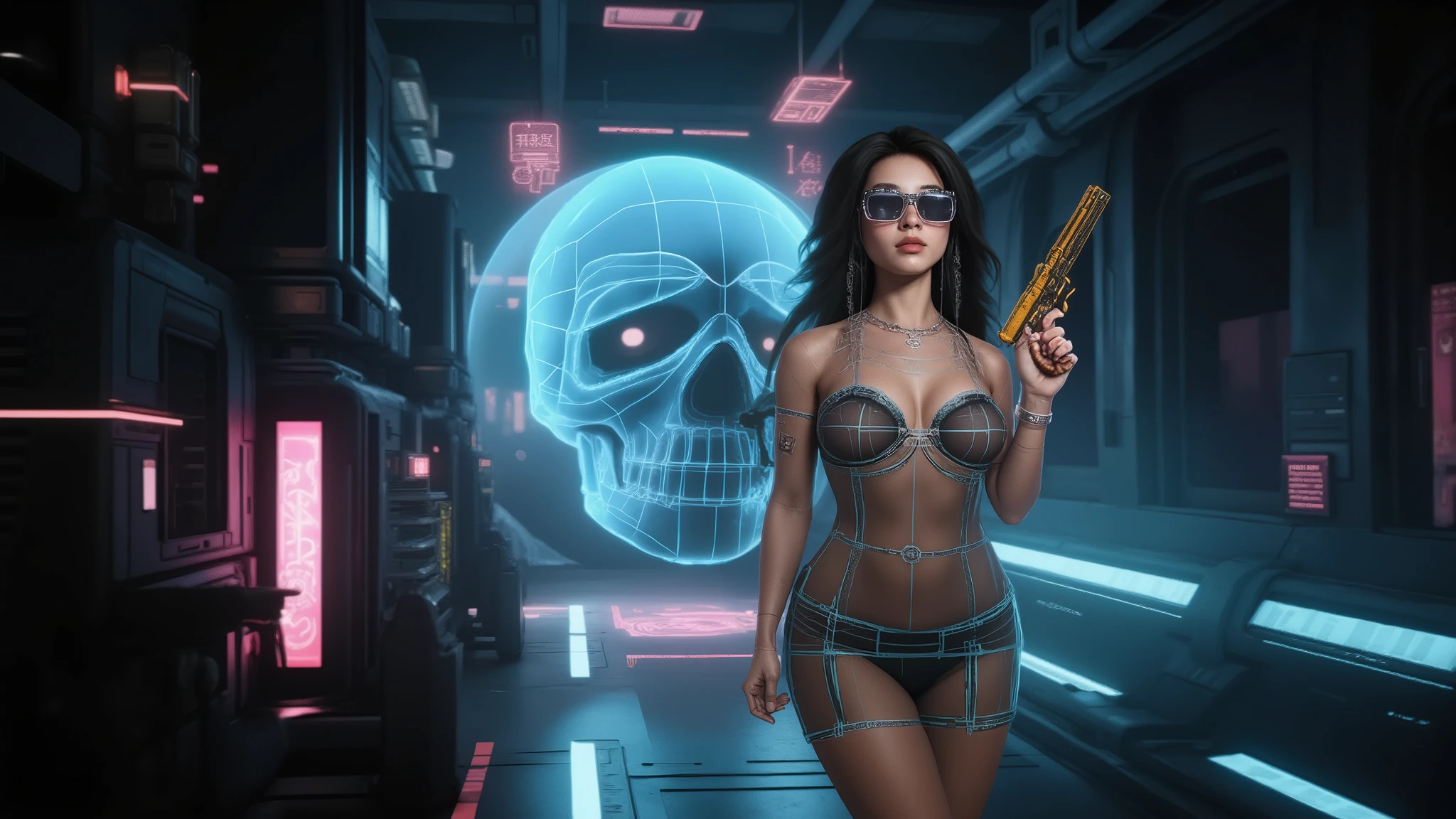 (blueprint style buildings, medium size flying 1drone). (((high angle view, overhead shot))). Translucent Chinese girl in mid-ground, ((half-body thigh level medium:1.8 shot)), long hair, (((transparent:0.1 short:0.1 shift dress))), cleavage, medium-breast:1.0, (((aiming blueprint short:0.1 pistol at viewer))), Matrix style micro sunglasses, ((Three-quarter view style, she appears at the right half of the frame, positioned in the middle-right, cinematic shot, rule of thirds composition)), slim:0.3 body, ((serious look)), slim face, (((lace tiny bra and lace G-string micro panty))), (realistic, photorealistic, photo-realistic:1.37), digital art, sci-fi concept art, cyberpunk server centre with blue giant skull as main server in the far end, (dramatic lighting, neon lights, glowing wires, cyberpunk aesthetic, futuristic), blue and purple color tones, cinematic composition.