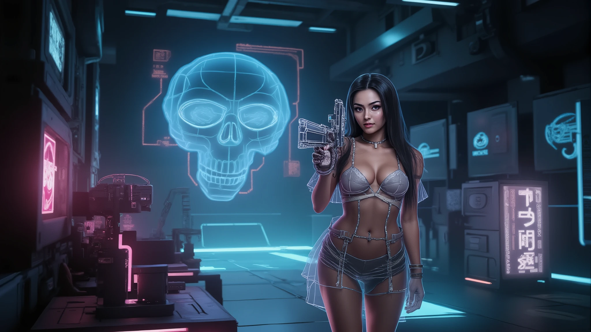 (blueprint style buildings, medium size flying 1drone). (((high angle view, overhead shot))). Translucent Chinese girl in mid-ground, ((half-body thigh level medium:1.8 shot)), long hair, (((transparent:0.1 short:0.1 shift dress))), cleavage, medium-breast:1.0, (((aiming blueprint short:0.1 pistol at viewer))), Matrix style micro sunglasses, ((Three-quarter view style, she appears at the right half of the frame, positioned in the middle-right, cinematic shot, rule of thirds composition)), slim:0.3 body, ((serious look)), slim face, (((lace tiny bra and lace G-string micro panty))), (realistic, photorealistic, photo-realistic:1.37), digital art, sci-fi concept art, cyberpunk server centre with blue giant skull as main server in the far end, (dramatic lighting, neon lights, glowing wires, cyberpunk aesthetic, futuristic), blue and purple color tones, cinematic composition.
