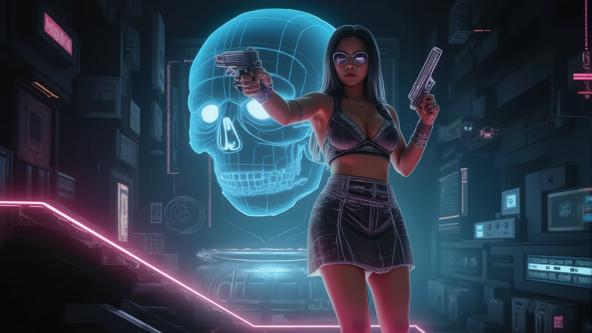 (blueprint style buildings, medium size flying 1drone). (((high angle view, overhead shot))). Translucent Chinese girl in mid-ground, ((half-body thigh level medium:1.8 shot)), long hair, (((transparent:0.1 short:0.1 shift dress))), cleavage, medium-breast:1.0, (((aiming blueprint short:0.1 pistol at viewer))), Matrix style micro sunglasses, ((Three-quarter view style, she appears at the right half of the frame, positioned in the middle-right, cinematic shot, rule of thirds composition)), slim:0.3 body, ((serious look)), slim face, (((lace tiny bra and lace G-string micro panty))), (realistic, photorealistic, photo-realistic:1.37), digital art, sci-fi concept art, cyberpunk server centre with blue giant skull as main server in the far end, (dramatic lighting, neon lights, glowing wires, cyberpunk aesthetic, futuristic), blue and purple color tones, cinematic composition.