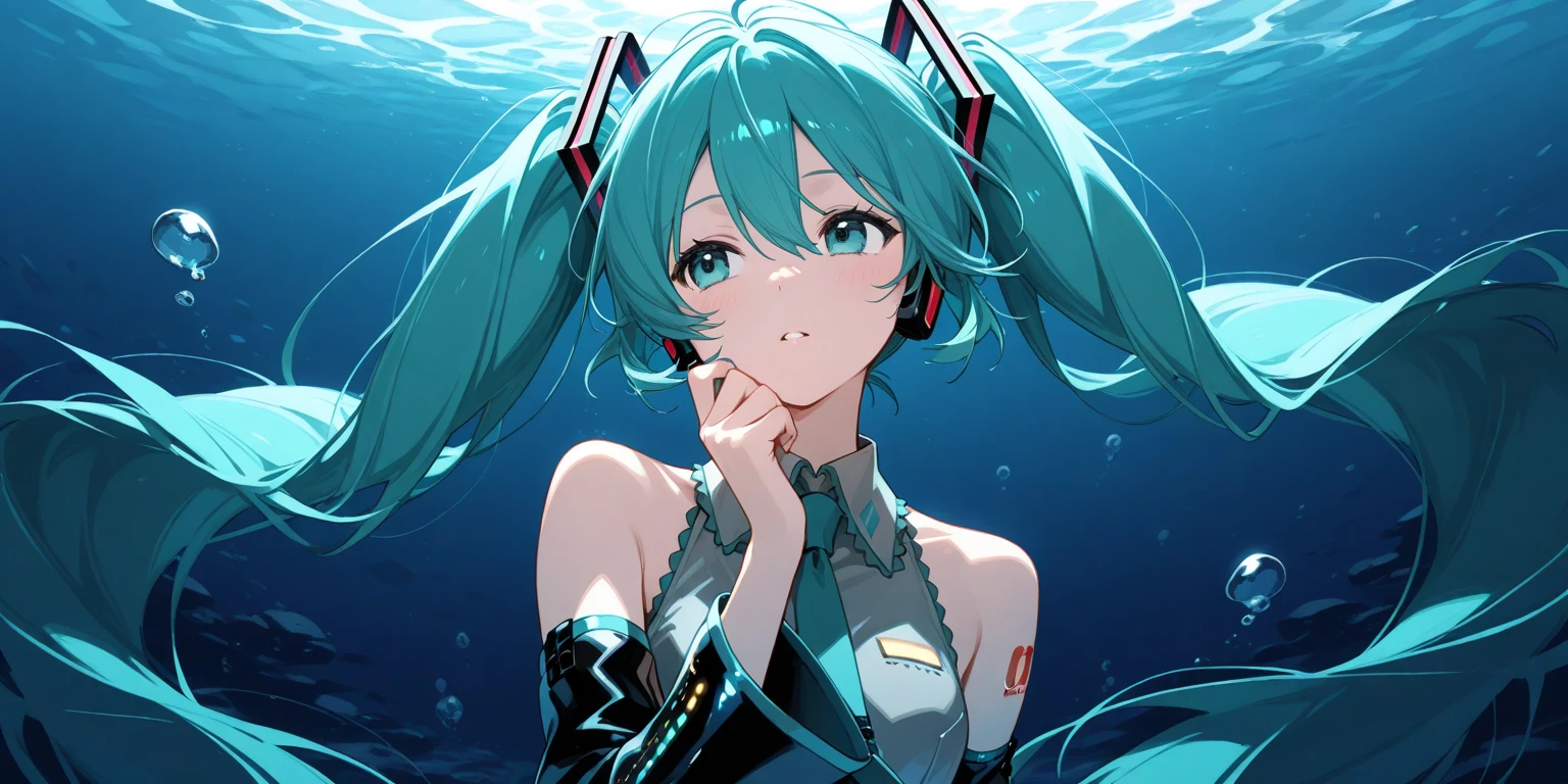 ((Highest quality)), ((masterpiece)), (detailed), One girl, Hatsune Miku,海の中に沈んでいくHatsune Miku,deep sea,Sea,Being in the sea,In the water,