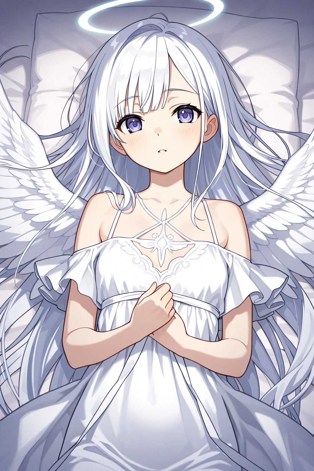 Like a watercolor,View from  up,A delicate and elegant girl, Long wavy hair that reaches the knees,White hair is very attractive, Detailed and precise manual work, Attractive girl, White cat ears, look at me, Purple eyes and white eyelashes,Her cheeks turned red,Big angel wings, A subject that stands out against the dark night sky,Girl surrounded by purple flowers, White Dress, Dramatic moonlight that makes your subject stand out,star,惑star,,floating、Night Sky Girl。