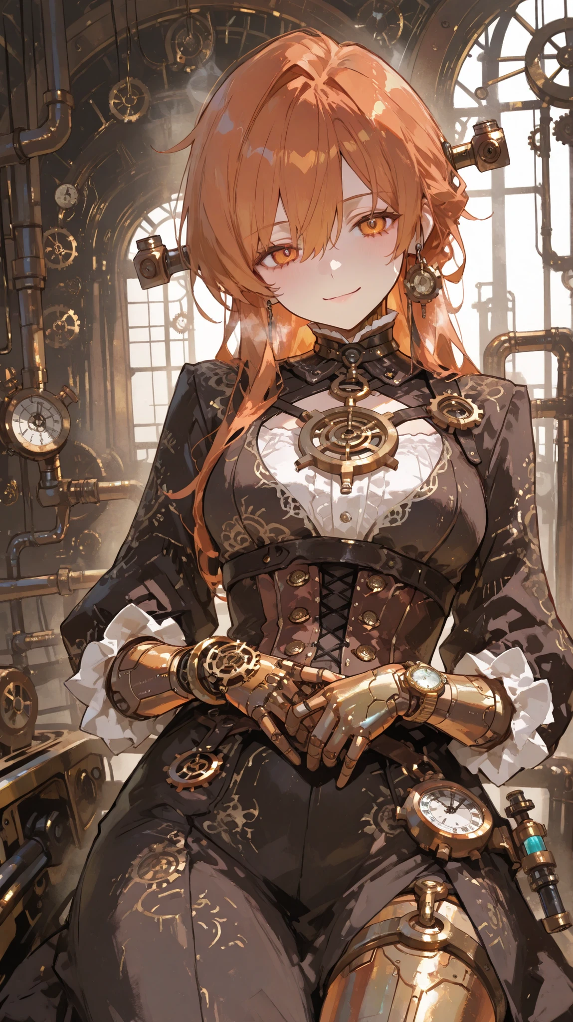 (masterpiece:1.3, 8k:1.3, Highest Quality:1.3, detail:1.3, high resolution:1.3, Digital Painting, Super Detailed), 3/4 viewers, 1 girl, Metallic Automaton Features, Machinery Parts, Brass and Copper Skin, Clockwork Patterns, Steampunk Dress, Gear Accessories, Victorian Factory Background, Over Fat Man Steam Effects, copper tube , detailed Machinery Parts, industrial lighting ,watch viewers,gentle smile