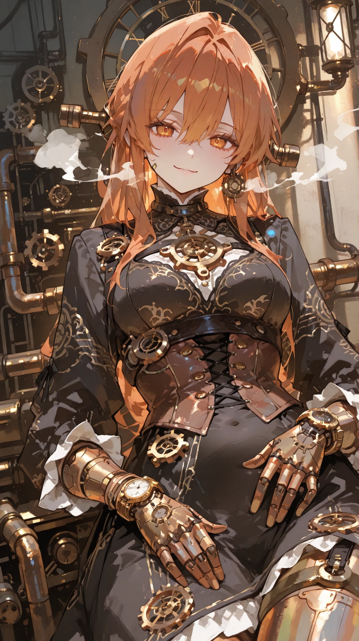 (masterpiece:1.3, 8k:1.3, Highest Quality:1.3, detail:1.3, high resolution:1.3, Digital Painting, Super Detailed), 3/4 viewers, 1 girl, Metallic Automaton Features, Machinery Parts, Brass and Copper Skin, Clockwork Patterns, Steampunk Dress, Gear Accessories, Victorian Factory Background, Over Fat Man Steam Effects, copper tube , detailed Machinery Parts, industrial lighting ,watch viewers,gentle smile