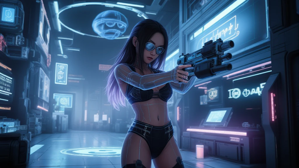 at night. neon-themed artwork with vibrant purple and blue colors, intense neon lights illuminating the entire scene, a dense layer of mist creating a dreamy atmosphere, a captivating and mesmerizing background with intricate details, a gaming-inspired theme with RGB lighting effects, showcasing the perfect combination of technology and art. (((1girl, solo, alone))), female assassin, large-??????:1.4 slim:0.8 body, medium hair, cleavage:1.1, ???? micro laced lingerie, (black sunglasses), (((((she raised a pistol:1.8 and shot the viewer))))), standing pose, ((half-body thigh:0.95 level medium shot)), cinematic lighting, lens flare, ray tracing.