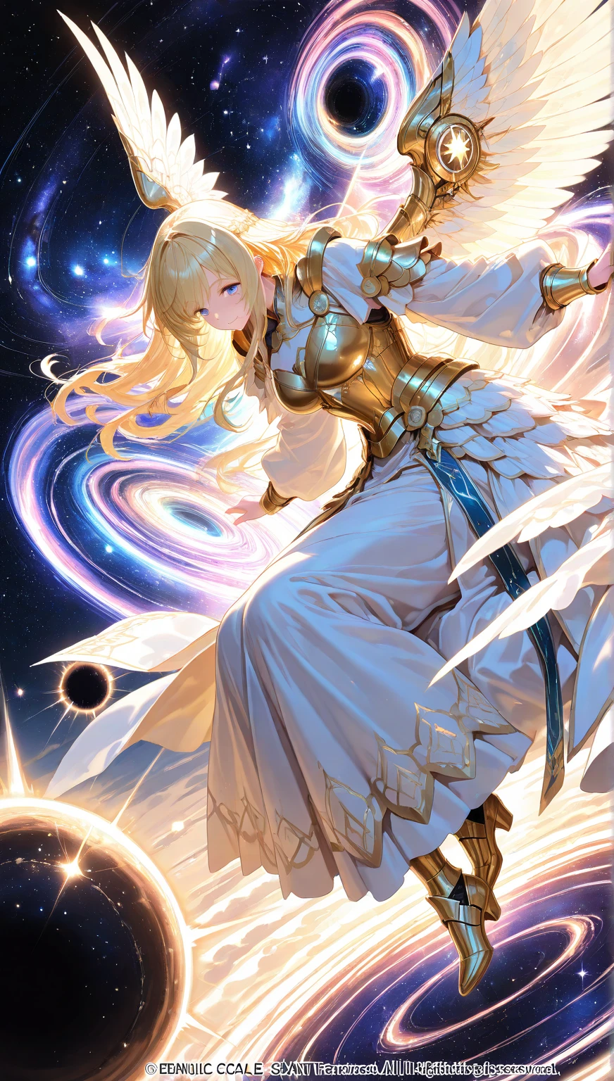 A robust and brilliantly shimmering being, emitting an intense golden and white glow as it breaks through the cosmos background. This entity exudes an aura of power and magnificence. In an official piece of art, the light beams seem to shatter through the asiderite, creating a truly breathtaking spectacle. The image captures the essence of something majestic and otherworldly, with a quality that is unparalleled.
