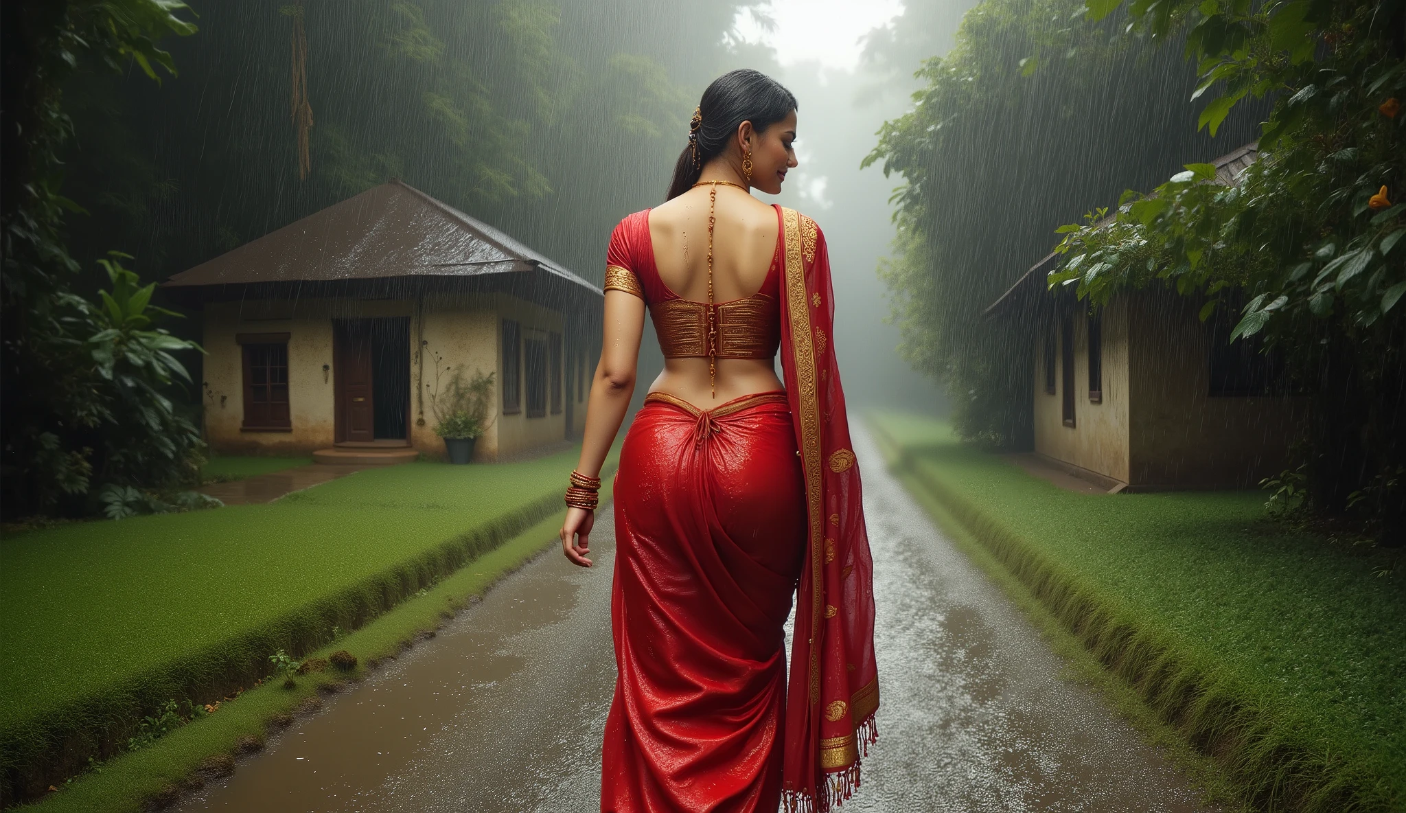 Full hd elegant picture of princess wearing wet red saree and wet half sleeves red blouse walking towards hut in heavy rain in the scary forest full picture 3d art view full picture back view