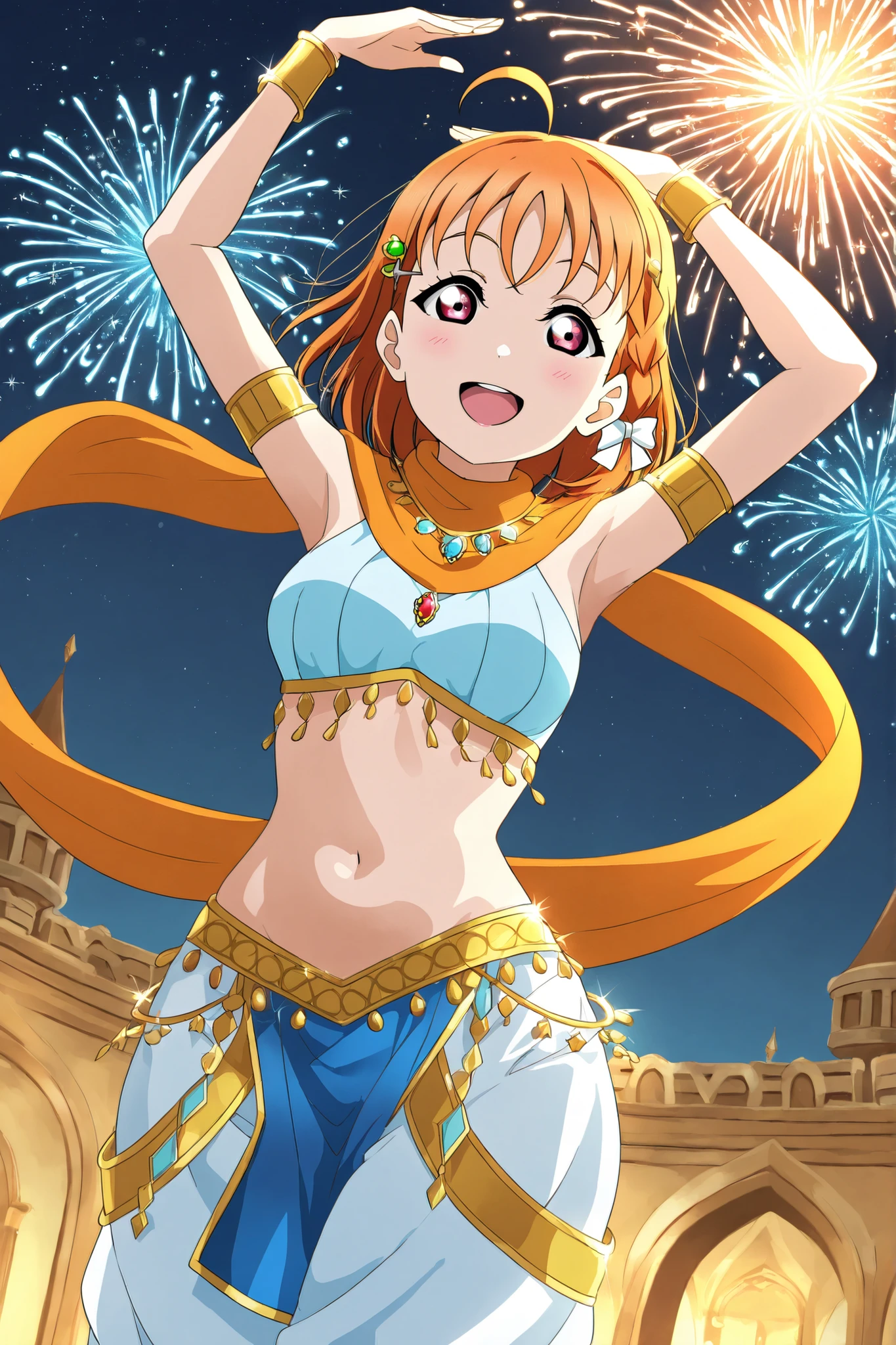 Love live ,takami chika,dutch angle, front view,shiny skin,shiny hair, shiny clothes, anime style, 1girl, solo, belly dance pose, arms raised above head, thighs together,hips swaying, joyful smile, looking upward, sparkling fireworks background, night sky, fantasy palace, domes, minarets, golden head accessory, arm bracelets and bangles, blue starry glitter crop top, golden trim, white harem pants, blue glitter waist cloth, decorative jewel at waist, sheer orange hip scarf, layered accessories, warm ambient lighting, glowing skin, highly detailed, ultra aesthetic, vivid colors,(arms up:1.3)