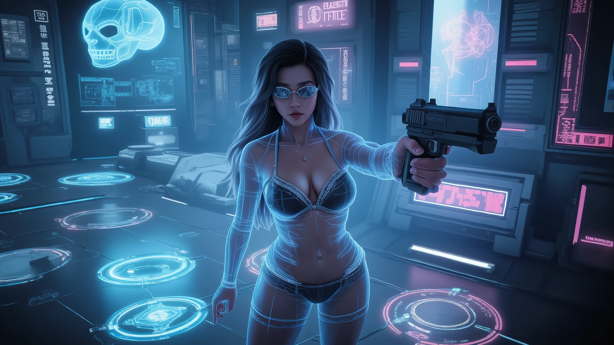 (blueprint style buildings, medium size flying 1drone). (((high angle view, overhead shot))). Translucent Chinese girl in mid-ground, ((half-body thigh level medium:1.8 shot)), long hair, (((transparent:0.1 black short:0.1 shift dress))), cleavage, medium-breast:0.9, (((aiming blueprint short:0.1 pistol at viewer))), Matrix style micro sunglasses, ((Three-quarter view style, she appears at the right half of the frame, positioned in the middle-right, cinematic shot, rule of thirds composition)), slim:0.3 body, ((serious look)), slim face, (((lace tiny bra and lace G-string micro panty))), (realistic, photorealistic, photo-realistic:1.37), digital art, sci-fi concept art, cyberpunk server centre with blue giant skull as main server in the far end, (dramatic lighting, neon lights, glowing wires, cyberpunk aesthetic, futuristic), blue and purple color tones, cinematic composition.