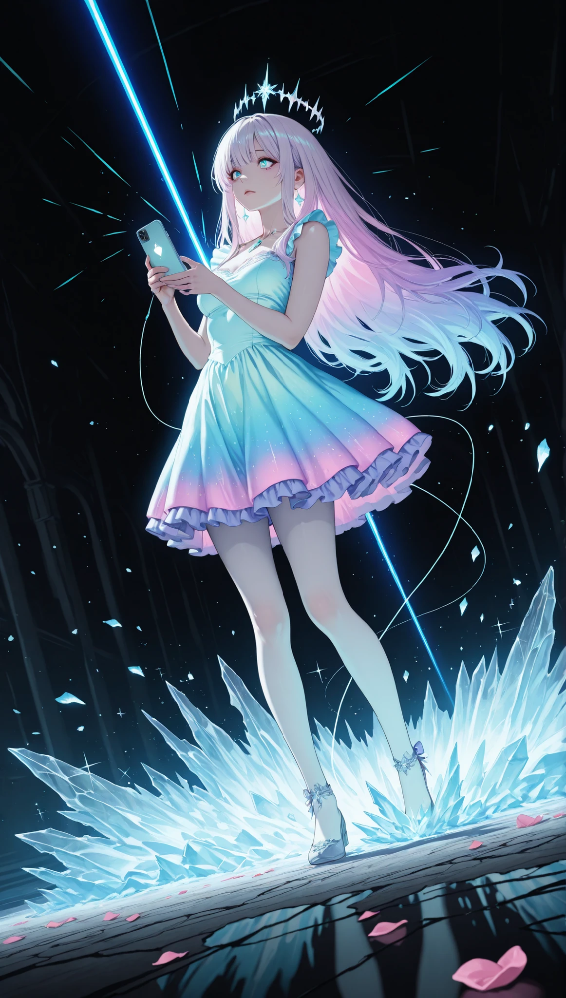 Rendered in a highly expressive and visually sophisticated anime style , Inspired by the work of CloverWorks : Yandere girl in profile , Standing alone at the far right of the composition in the dim lighting , Neon-soaked underground trance club . Her figure is delicately illuminated by waves of magenta and electric blue light , Casting soft shadows across her pale skin . Her Long, Silky hair flows with layered precision , Each strand catches the glow of a laser beam . She clutches a broken smartphone with a cracked screen tight to her chest—the broken glass casts a faint glow over the outlines of old photographs, Now almost lost .
Her big, Watery eyes sparkle with obsessive longing , It reflects abstract waveforms and flickering neon patterns . She wears a frilly pastel dress with decorative lace trim , The translucent fabric glows faintly under ultraviolet light , Each fold and thread is meticulously rendered . A fragile, A digital heart glitches above her head , Pulsing faintly to the trance beat . Soft rose petals and shimmering shards of glass lie scattered at her feet , Each is a club . Her posture is tense, yet 、Not working, Frozen, like a moment between breaths—one hand holds a phone , The other hangs loose at her side .
The background is a deep , A foggy blur of dark concrete , Scattered light reflections , And streaks of laser beams cut through the air . No one else is visible—only her presence dominates the space , enveloped in solitude and artificial beauty . Wide-angle low profile composition , Cinematic Lighting, Rich textural detail , Emotional Atmosphere. The entire scene pulsates with surreal intensity and visual delicacy , Immersive , Emotionally resonant break ,soft lighting, Kawaii Aesthetics,detailed facial features, High Contrast Shading, realistic feel,high resolution,Newest,detailed clothing, Refined Jewelry Details, Photorealistic Quality, 4K, 8k, high resolutionR, Super Detailed, high resolution,official, 1080P, high resolution, 16k