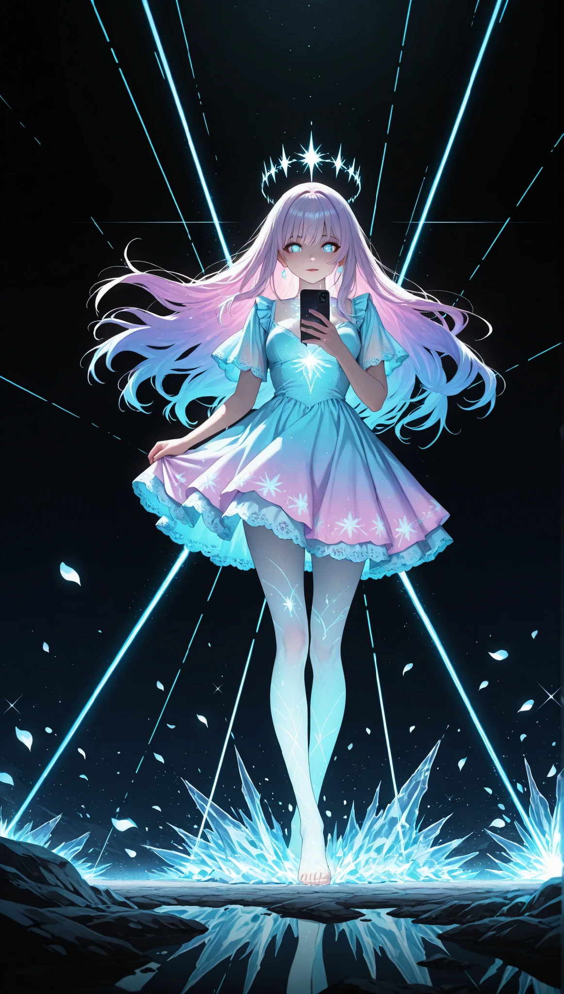 Rendered in a highly expressive and visually sophisticated anime style , Inspired by the work of CloverWorks : Yandere girl in profile , Standing alone at the far right of the composition in the dim lighting , Neon-soaked underground trance club . Her figure is delicately illuminated by waves of magenta and electric blue light , Casting soft shadows across her pale skin . Her Long, Silky hair flows with layered precision , Each strand catches the glow of a laser beam . She clutches a broken smartphone with a cracked screen tight to her chest—the broken glass casts a faint glow over the outlines of old photographs, Now almost lost .
Her big, Watery eyes sparkle with obsessive longing , It reflects abstract waveforms and flickering neon patterns . She wears a frilly pastel dress with decorative lace trim , The translucent fabric glows faintly under ultraviolet light , Each fold and thread is meticulously rendered . A fragile, A digital heart glitches above her head , Pulsing faintly to the trance beat . Soft rose petals and shimmering shards of glass lie scattered at her feet , Each is a club . Her posture is tense, yet 、Not working, Frozen, like a moment between breaths—one hand holds a phone , The other hangs loose at her side .
The background is a deep , A foggy blur of dark concrete , Scattered light reflections , And streaks of laser beams cut through the air . No one else is visible—only her presence dominates the space , enveloped in solitude and artificial beauty . Wide-angle low profile composition , Cinematic Lighting, Rich textural detail , Emotional Atmosphere. The entire scene pulsates with surreal intensity and visual delicacy , Immersive , Emotionally resonant break ,soft lighting, Kawaii Aesthetics,detailed facial features, High Contrast Shading, realistic feel,high resolution,Newest,detailed clothing, Refined Jewelry Details, Photorealistic Quality, 4K, 8k, high resolutionR, Super Detailed, high resolution,official, 1080P, high resolution, 16k