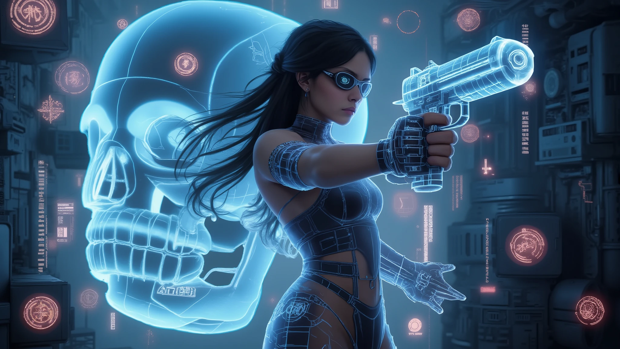 (blueprint style buildings). (((high angle view, overhead shot))). Translucent Chinese girl in mid-ground, ((half-body thigh level medium:1.8 shot)), long hair, (((transparent:0.1 black short:0.1 shift dress))), cleavage, medium-breast:0.9, (((aiming blueprint short:0.1 pistol at viewer))), Matrix style micro sunglasses, ((Three-quarter view style, she appears at the right half of the frame, positioned in the middle-right, cinematic shot, rule of thirds composition)), slim:0.3 body, ((serious look)), slim face, (((lace tiny bra and lace G-string micro panty))), (realistic, photorealistic, photo-realistic:1.37), digital art, sci-fi concept art, cyberpunk server centre with blue giant skull as main server in the far end, (dramatic lighting, neon lights, glowing wires, cyberpunk aesthetic, futuristic), blue and purple color tones, cinematic composition.