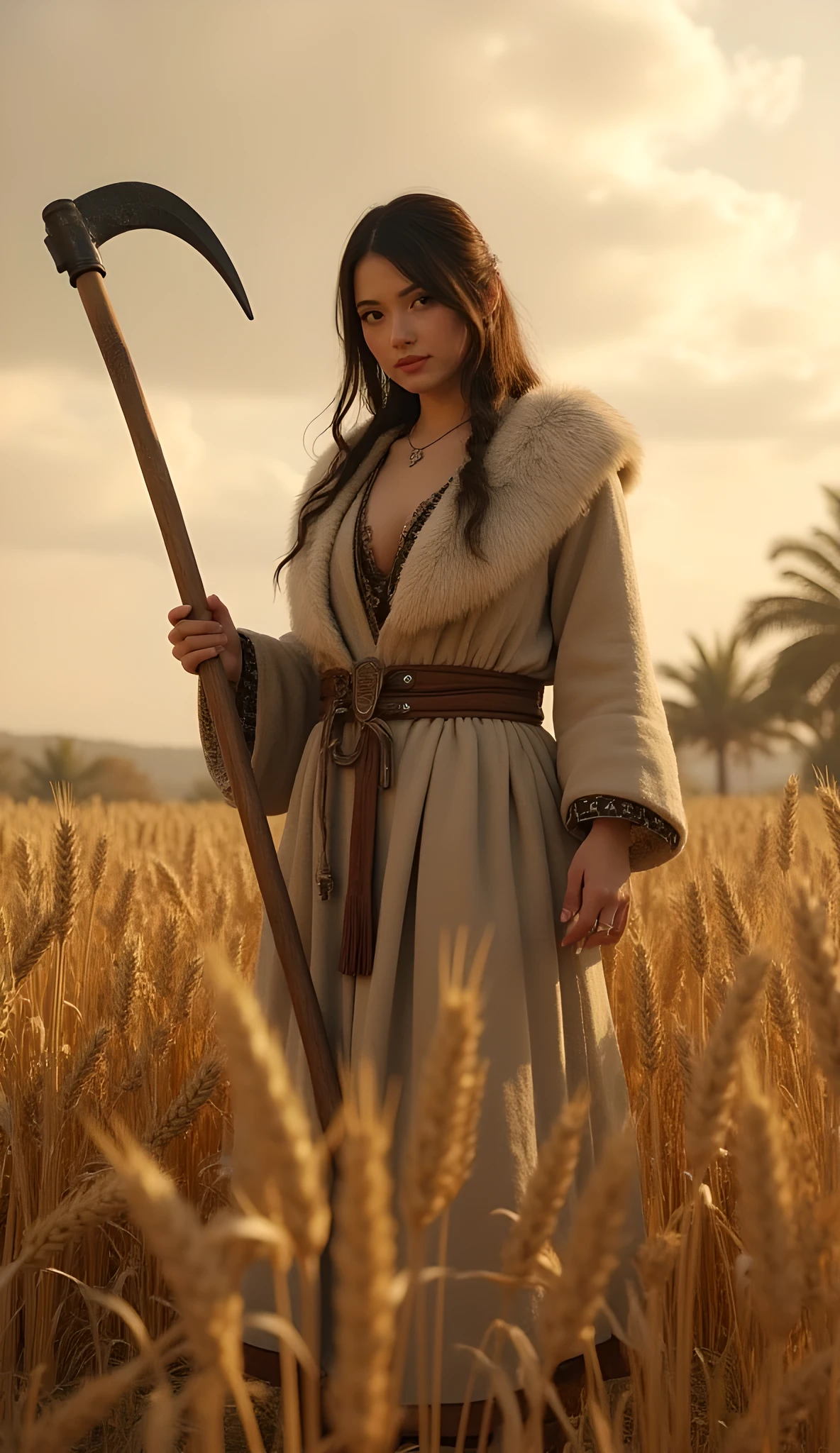 Ancient prehistoric age era,
Stone age agriculture era,
((Realistic cinematography ultra wide depth intense realistically ultra-detailed wheat crops angle of scenery)),,the detailed of an Eurasian female farming holding held a realistic intricately sickle cutlass farm tool,,,, (the cradle of agriculture),(farmers community),((farmers tribe)),wearing fully coverage long fur primitively fabric long tunic and long coat primitive wardrobe kimono dress,,,(perfectly depth symmetrically curvy, and busty body shapely),(cinematic dynamically camera widely angle scenery:accurately depicted:1.3),the lively prehistoric orderly wheat crops depicting scenery,afternoon,realistically full depth,(cinematography dynamic angle|hyperrealistic:realistic scenery:3d texture over the scenery),autumn season,best videography angle,hdr,golden hour, (cinematography vibe),primitive wardrobe,(dynamic image composition),(octane 3d rendering|50mm lens shot:1.3),(lifelike skin texture:lifelike hairs:realism),(best rule of third photography composition),(best image aperture),(full details depth of field),(best shutter speed),(RAW photo image),(photorealistic|photorealism:hyperrealism style),(realistic depth 3d:cgi:1.3),(trending on cgsociety:devianart:unreal engine 5),,(best photography:national Geographic style), solarPunkAi and greenPunkAi artwork, digital art,best lighting concept,(realistic intricately fixed truly fully human's anatomy body+hands+and+fingers anatomical),natural motion,inspired by farcry5 game artwork.