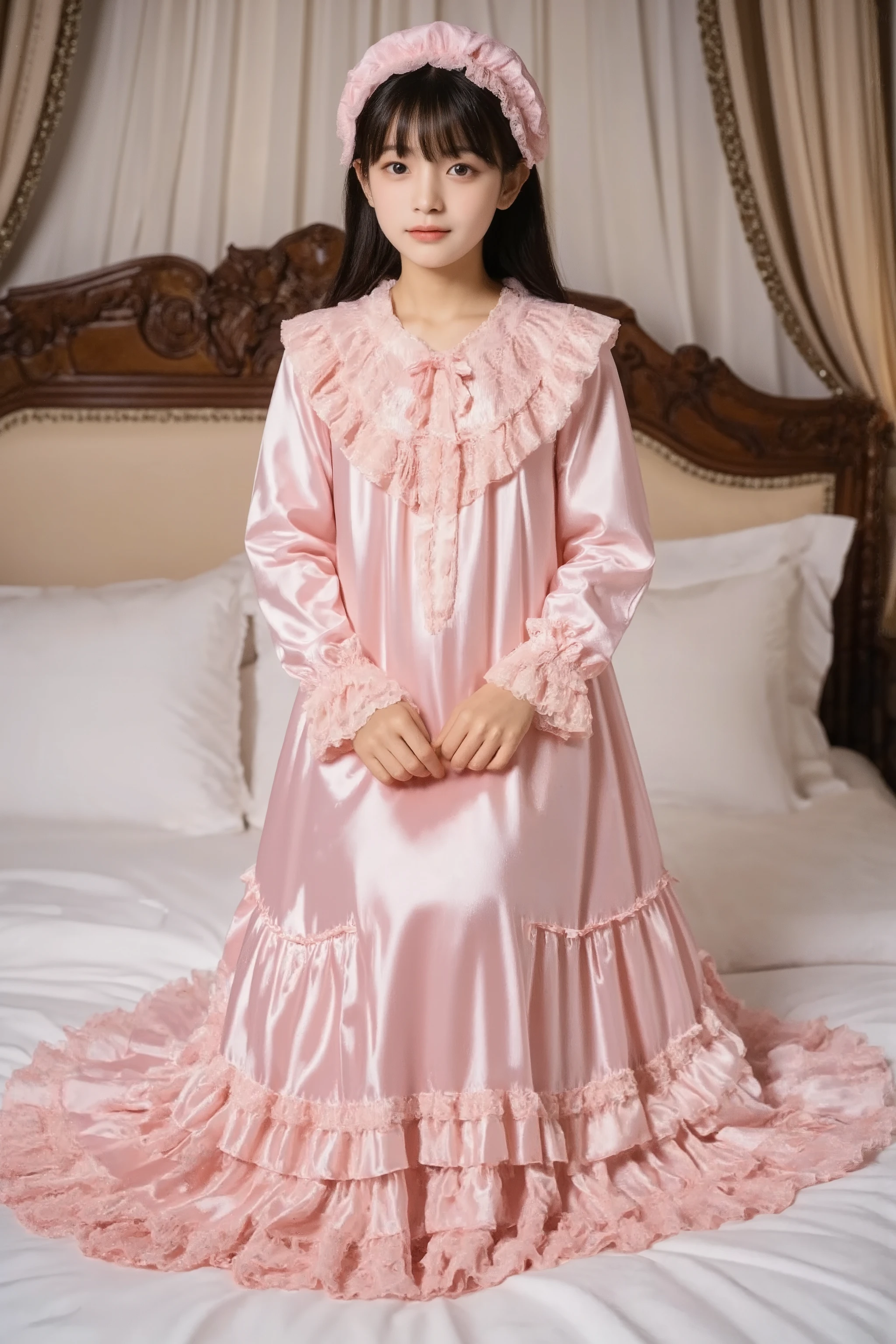 high quality,Super Detailed,3k photos,get used to it,girl in pink nightgown,long sleeve,long skirt,pink ruffle round hat,full body, (( 10 year old Japanese girl,Short Height,solo)),super fine young face,,lovely smile,baby-like face,is short,,(((straight long hair))),,(((hot pink silk satin nightgown with lots of ruffles and bows,1920s style Victorian nightgown:1.2))),soft luster silk satin fabric,((ruffle mob cap with ribbon)),((Detailed Yoke Color with Ruffles and Ribbons,detailed ruffle placket:1.0)),((long sleeve,puff sleeve with ribbon,Ruffle sleeves)),((足首までのフリルlong skirt:1.0)),((the whole body is shown)),, white ruffle socks,anatomically correct hands,looking at the camera,