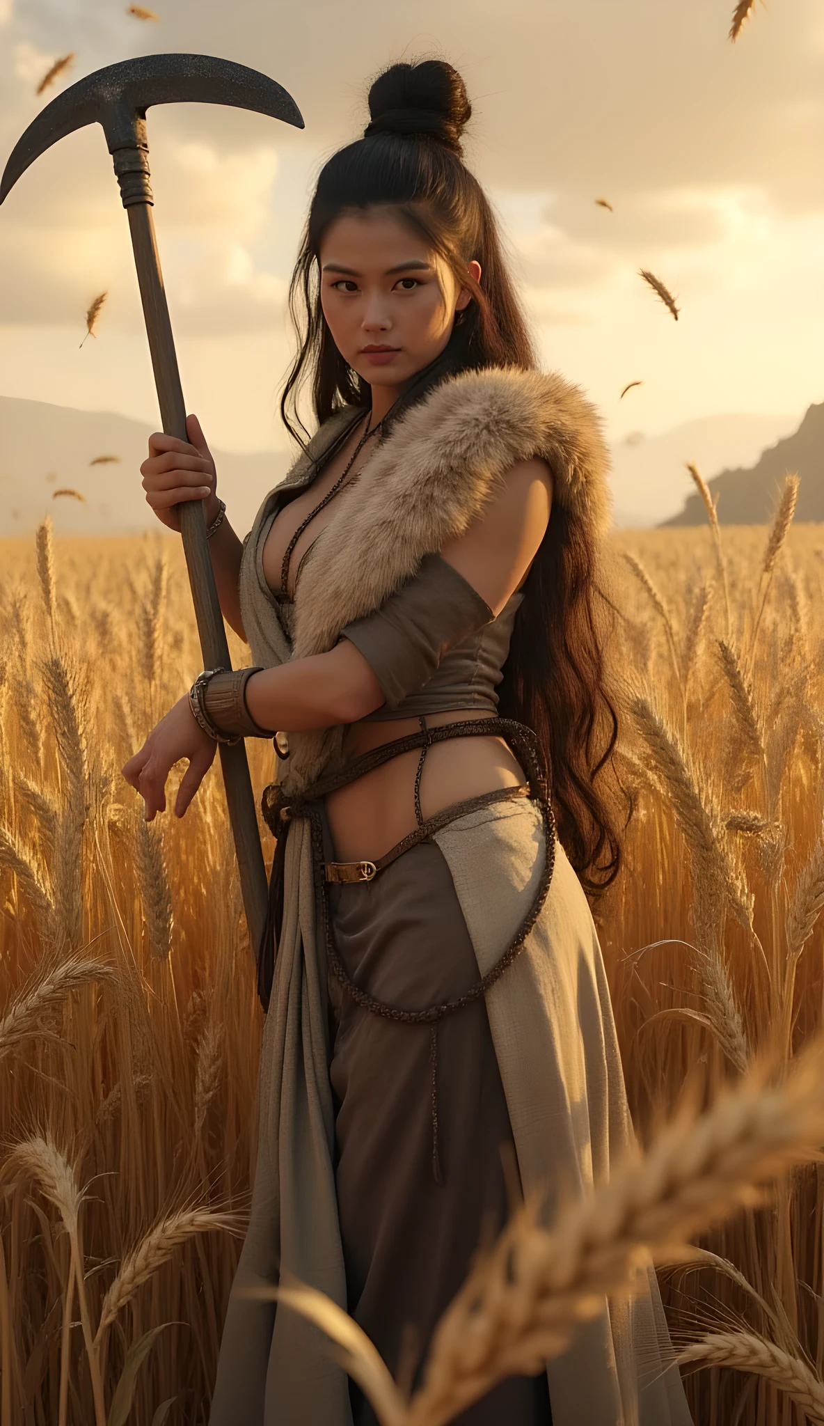 Ancient prehistoric age era, 
Stone age agriculture era, 

((Realistic cinematography ultra wide depth intense realistically ultra-detailed wheat crops angle of scenery)),,the detailed of an Eurasian female farming holding held a realistic intricately sickle blade curve tool,,,, (the cradle of agriculture),(farmers community),((farmers tribe)),wearing fully coverage long fur primitively fabric long tunic and long coat primitive wardrobe kimono dress,,,(perfectly depth symmetrically curvy, and busty body shapely),(cinematic dynamically camera widely angle scenery:accurately depicted:1.3),the lively prehistoric orderly wheat crops depicting scenery,afternoon,realistically full depth,(cinematography dynamic angle|hyperrealistic:realistic scenery:3d texture over the scenery),autumn season,best videography angle,hdr,golden hour, (cinematography vibe),primitive wardrobe,(dynamic image composition),(octane 3d rendering|50mm lens shot:1.3),(lifelike skin texture:lifelike hairs:realism),(best rule of third photography composition),(best image aperture),(full details depth of field),(best shutter speed),(RAW photo image),(photorealistic|photorealism:hyperrealism style),(realistic depth 3d:cgi:1.3),(trending on cgsociety:devianart:unreal engine 5),,(best photography:national Geographic style), solarPunkAi and greenPunkAi artwork, digital art,best lighting concept,(realistic intricately fixed truly fully human's anatomy body+hands+and+fingers anatomical),natural motion,inspired by farcry5 game artwork.