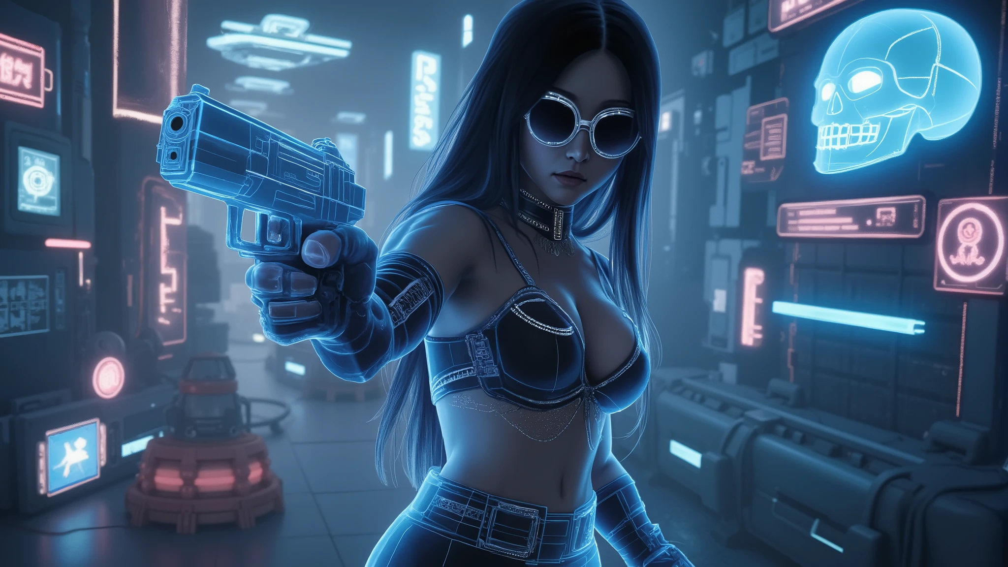 (blueprint style buildings). (((high angle view, overhead shot))). Translucent Chinese girl in mid-ground, ((half-body thigh level medium:1.8 shot)), long hair, (((transparent:0.1 black short:0.1 shift dress))), cleavage, medium-breast:0.9, (((aiming blueprint short:0.1 pistol at viewer))), Matrix style micro sunglasses, ((Three-quarter view style, she appears at the right half of the frame, positioned in the middle-right, cinematic shot, rule of thirds composition)), slim:0.3 body, ((serious look)), slim face, (((lace tiny bra and lace G-string micro panty))), (realistic, photorealistic, photo-realistic:1.37), digital art, sci-fi concept art, cyberpunk server centre with blue giant skull as main server in the far end, (dramatic lighting, neon lights, glowing wires, cyberpunk aesthetic, futuristic), blue and purple color tones, cinematic composition.