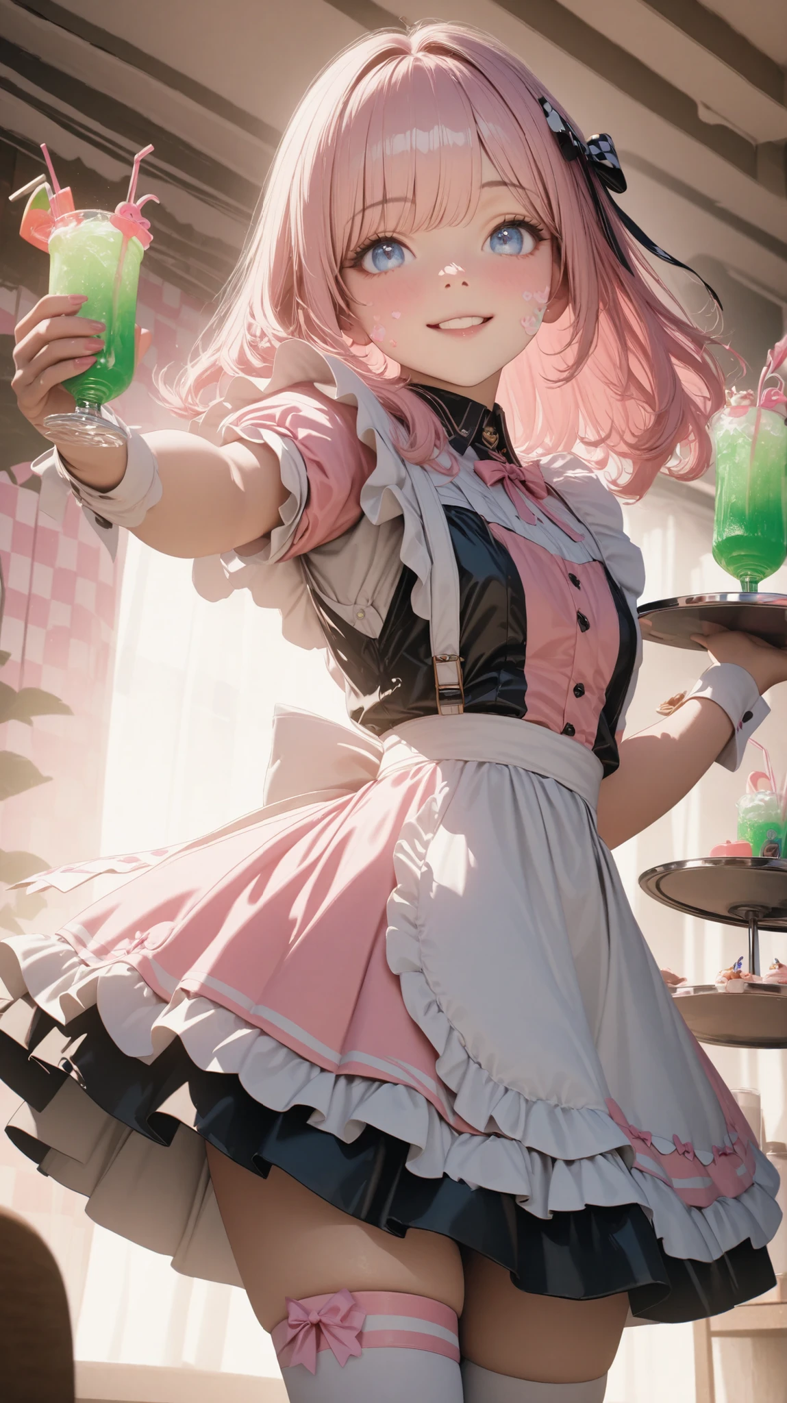 1girl, long pink gold hair, blue eyes, hair bow, Cute Maid Clothes, freeley dress, aprons, Thigh High Socks, ribbon, holding drinks,melon soda, Heart Shaped Straws, Has Trays, perfection, whipped cream, pastel, candy themed accessories, Thigh Bandage, Cheerful Look, Indoor, Checkered Wallpaper, soft lighting, Kawaii Aesthetics
, detailed facial features, High Contrast Shading, realistic feel,high resolution,Newest,detailed clothing, Refined Jewelry Details, Photorealistic Quality, 4K, 8k, high resolutionR, Super Detailed, high resolution,official, 1080P, high resolution, 16 kg,look up at viewers,gentle smile