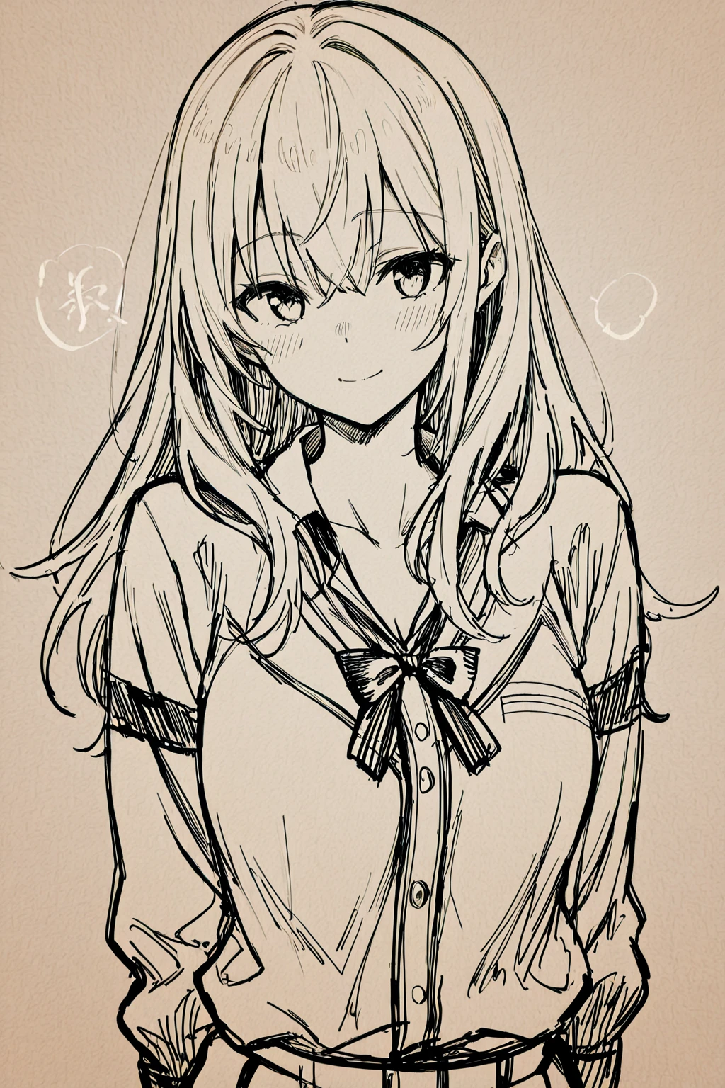 1girl,20 years old,solo,(sketch, monochrome, greyscale, traditional media,),long hair,white hair,finana,twintails,((white shirt,short sleeves,black standart tie,black skirt)),open mouth,outstretched hand,smile,double bun,(from front)