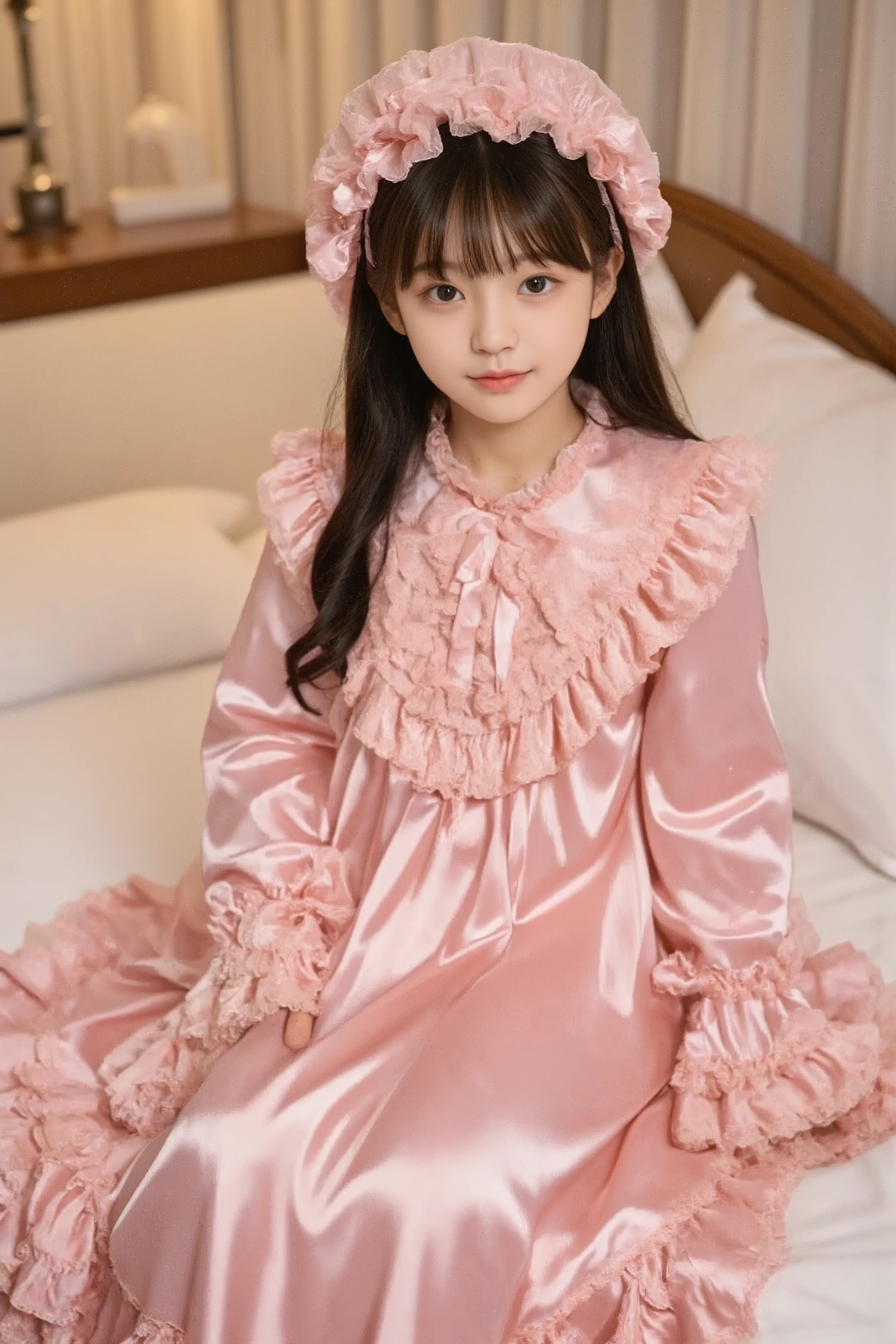 high quality,Super Detailed,3k photos,get used to it,girl in pink nightgown,long sleeve,long skirt,pink ruffle round hat,full body, (( 10 year old Japanese girl,Short Height,solo)),super fine young face,,lovely smile,baby-like face,is short,,(((straight long hair))),,(((hot pink silk satin nightgown with lots of ruffles and bows,1920s style Victorian nightgown:1.2))),soft luster silk satin fabric,((ruffle mob cap with ribbon)),((Detailed Yoke Color with Ruffles and Ribbons,detailed ruffle placket:1.0)),((long sleeve,puff sleeve with ribbon,Ruffle sleeves)),((足首までのフリルlong skirt:1.0)),((the whole body is shown)),, white ruffle socks,anatomically correct hands,looking at the camera,