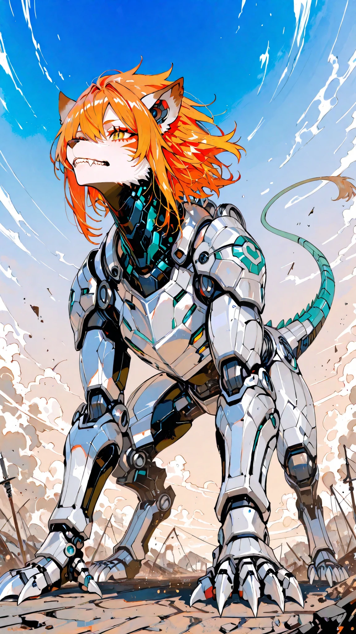 Cinematic animation-style illustration in Mochizuhairi Kei style, teeth、features clean, sophisticated shading. /hair.s†
A powerful mechanical beast inspired by Zoids, combining sleehair armor plating with animalistic features. sharp claw, Reinforced legs, and、A carefully shaped tail conveys agility and strength. Dynamic Poses, by pushing forward from a low angle、It emphasizes scale and movement, emphasizes depth. Bachairground hints at a futuristic battlefield with dust clouds and scattered debris, Soft gradations and lighting highlight the metal surface.,like a wolf