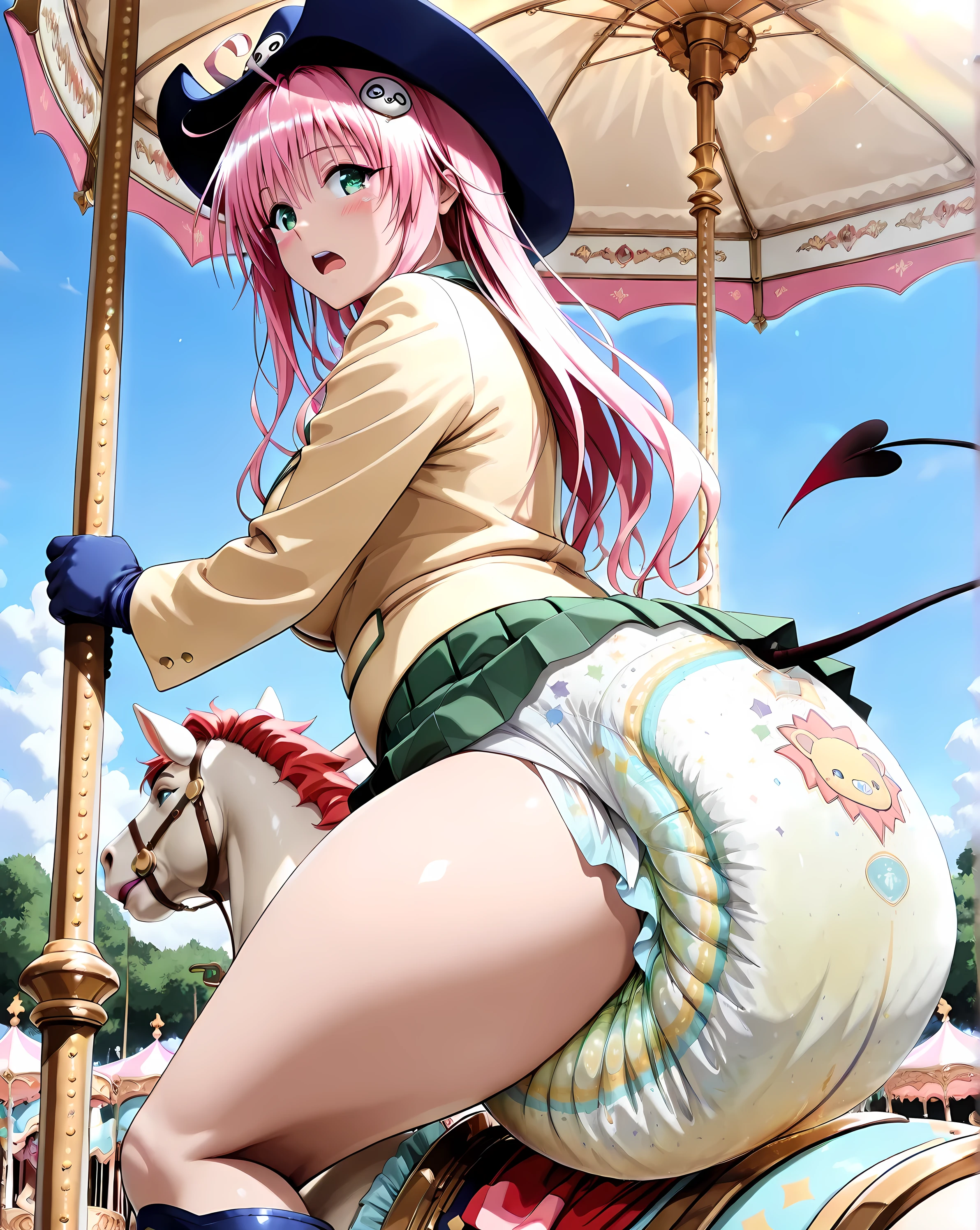 (side view:1.3, close-up:1.1), from side, cowboy shot, in the Amusement Park, solo, 1 girl, (short stature:1.3, petite:1.3), (4 fingers, (1 thumb)), (turning the body to the right), Puzzled expression, tears, blush, open mouth, (looking at viewer), (learning forward), (hands on to the carousel:1.2), (riding on the carousel:1.3), (bowlegged pose:1.2, opening the hip joint, knees up:1.3), (blue cowboy boots:1.2, blue cowboy hat, blue gloves:1.2), (Lala Satalin Deviluke (To Love Ru All Series), long hair, pink hair, tail, ahoge, bangs, hair ornament, green eyes, demon tail, large breasts, thighs, school uniform, white shirt, (yellow blazer:1.2), blazer, ribbon, green ribbon, pleated, pleated skirt, micro skirt:1.3, (green skirt:1.3)), (curvy:1.3), (fat belly:1.1), (detailed eyes:1.2), rich anime, (diaper under skirt:1.3, abu littlekings, wearing thick diaper, puffy diaper), wet diaper, urine filled diaper, (wetness indicator), in the morning, blue sky, (large canopy of the carousel in the back), (thick thighs:1.3), (huge butt:1.3), (top light, lens flare, high contrast, deep shadows), (masterpiece, detailed:1.2, vibrant, very aesthetic, amazing quality),