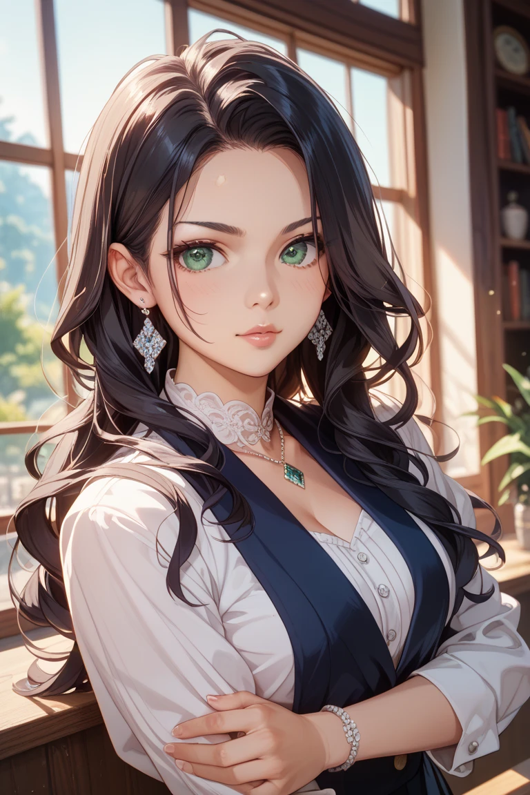 (best quality,highres,masterpiece:1.2),ultra-detailed,(realistic,photorealistic,photo-realistic:1.37),portraits,vivid colors,beautiful detailed eyes,beautiful detailed lips,elegant pose,dark green sweater,cream cargo pants,long black hair,cute ponytail,soft lips,blushing intensely,smiling,  gaze,medium ,perfect body,shadows and highlights,vibrant lighting