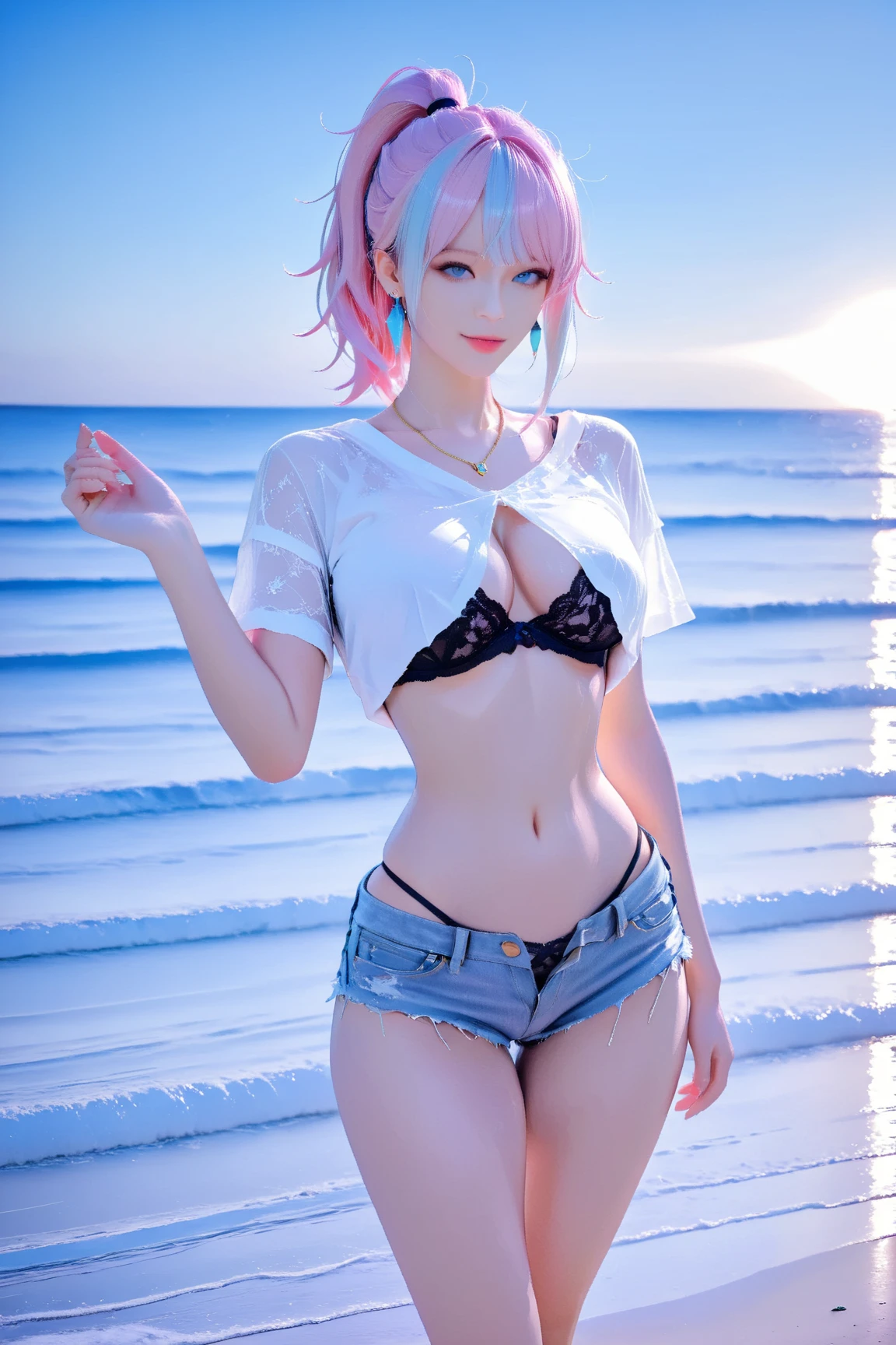 Naruto Haruno Sakura Super Realistic，detail-rich，Girl with super short pink hair，（Off-the-shoulder attire：1.3），Red clothes，forehead，one-girl，Large breasts，Lop，face flushed，Best quality，tmasterpiece, In the daytime，morning，Johnny Depp walks across the beach in Fireflies，lock focus, contrasty lighting, delicate skin, High resolution 8K, insanely details, realistically, professional photoshooting, 8k ultra high definition, SLR camera, gentlesoftlighting, high high quality, filmgrain, 富士XT3，close your mouth，particle effect