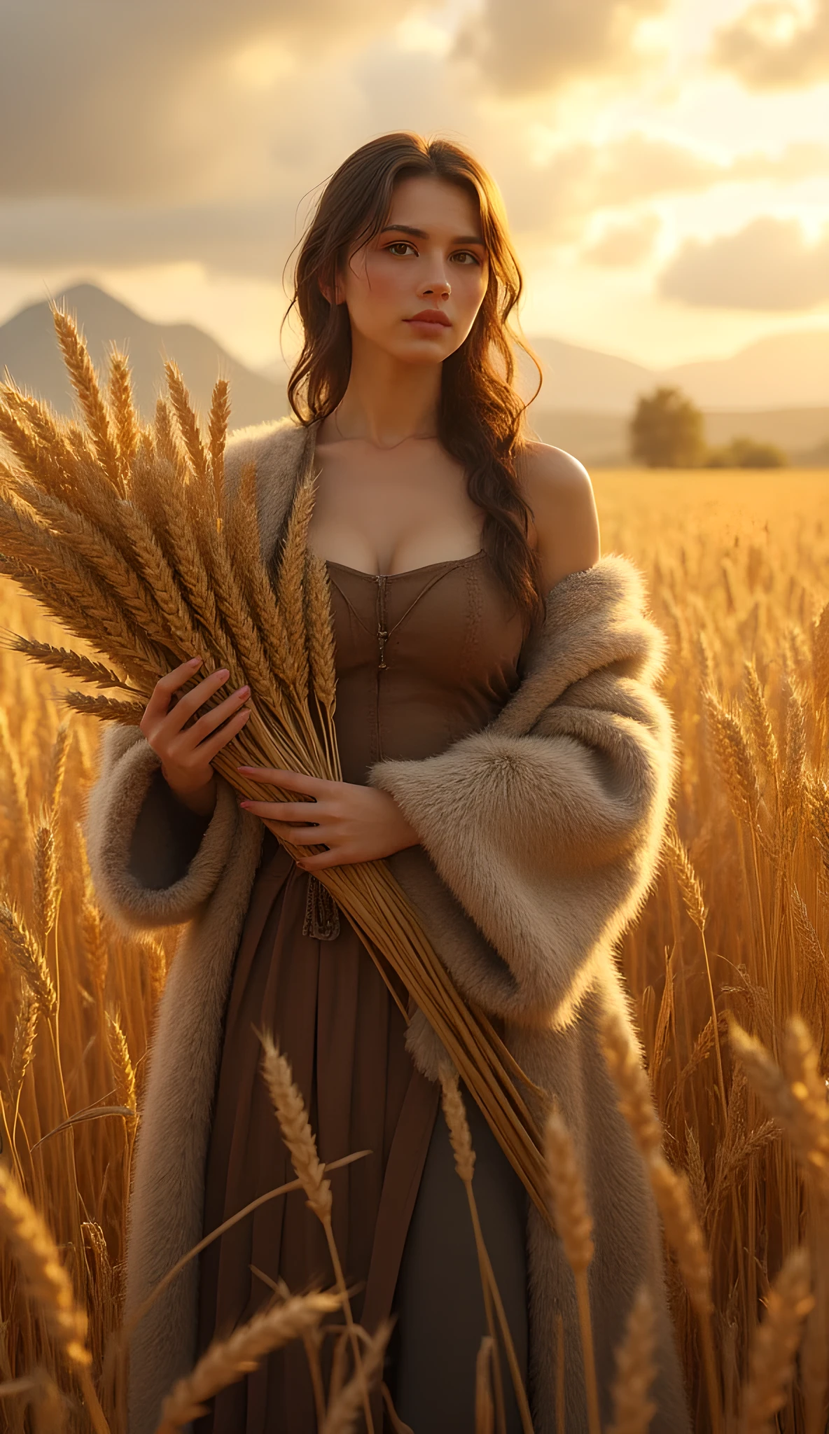 Ancient prehistoric age era, 
Stone age agriculture era, 

((Realistic cinematography ultra wide depth intense realistically ultra-detailed wheat crops and hut granary angle of scenery)),,the detailed of an Eurasian female farming holding a lot of amount realistic intricately wheat crops,,,, (the cradle of agriculture),(farmers community),((farmers tribe)),wearing fully coverage long fur primitively fabric long tunic and long coat primitive wardrobe kimono dress,,,(perfectly depth symmetrically curvy, and busty body shapely),(cinematic dynamically camera widely angle scenery:accurately depicted:1.3),the lively prehistoric orderly wheat crops depicting scenery,afternoon,realistically full depth,(cinematography dynamic angle|hyperrealistic:realistic scenery:3d texture over the scenery),autumn season,best videography angle,hdr,golden hour, (cinematography vibe),primitive wardrobe,(dynamic image composition),(octane 3d rendering|50mm lens shot:1.3),(lifelike skin texture:lifelike hairs:realism),(best rule of third photography composition),(best image aperture),(full details depth of field),(best shutter speed),(RAW photo image),(photorealistic|photorealism:hyperrealism style),(realistic depth 3d:cgi:1.3),(trending on cgsociety:devianart:unreal engine 5),,(best photography:national Geographic style), solarPunkAi and greenPunkAi artwork, digital art,best lighting concept,(realistic intricately fixed truly fully human's anatomy body+hands+and+fingers anatomical),natural motion,inspired by farcry5 game artwork.
