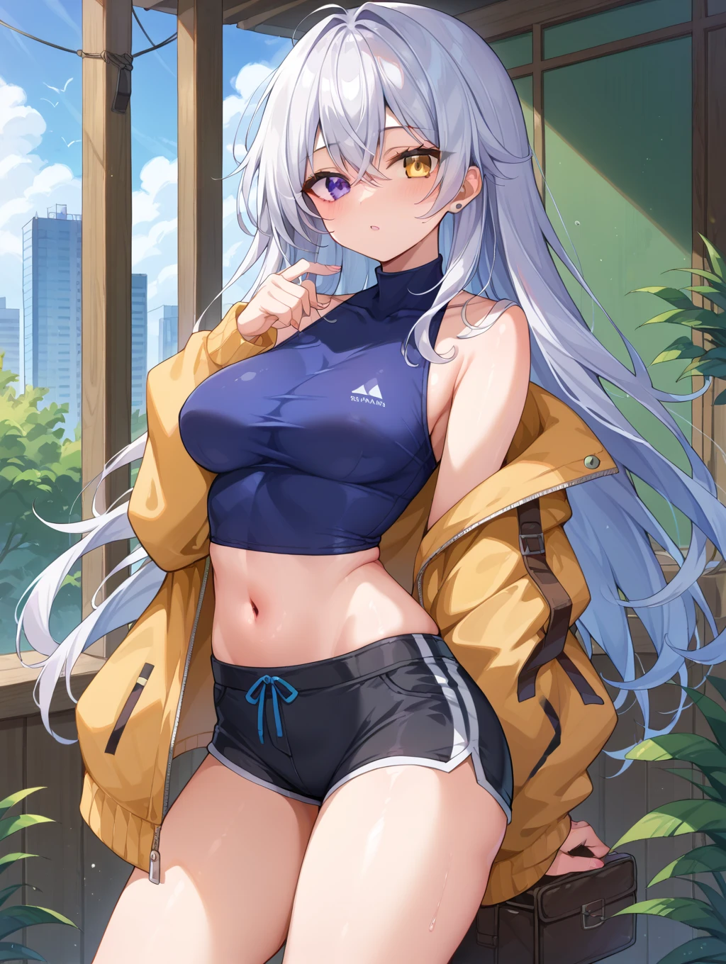 (((masterpiece))), ShizukaMikazuki, One Girl, alone, Looking at the camera, Long Hair, Gray Hair, Long sleeve, Cleavage, Very ?????????????, Mature Body,Adult face,clavicle, Jacket, ????????????, open Jacket, blue hoodie, Light grey sports bra,Light grey hot pants, choker with a charm,Play sports often, Abdominal muscles,bicycle,Clear light blue eyes, Blushing,Navy blue ribbon,smile,Earrings,Golden navel piercing,Park at dusk, 