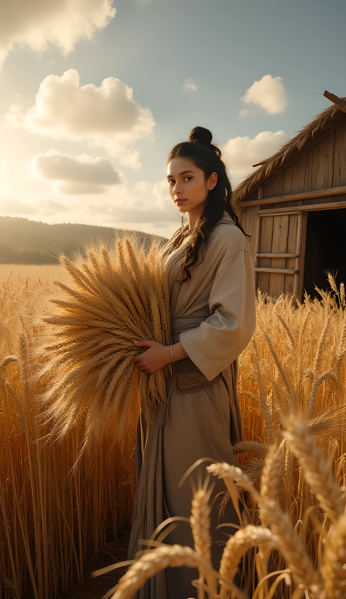 Ancient prehistoric age era, 
Stone age agriculture era, 

((Realistic cinematography ultra wide depth intense realistically ultra-detailed wheat crops and hut granary angle of scenery)),,the detailed of an Eurasian female farming holding a lot of amount realistic intricately wheat crops,,,, (the cradle of agriculture),(farmers community),((farmers tribe)),wearing fully coverage long fur primitively fabric long tunic and long coat primitive wardrobe kimono dress,,,(perfectly depth symmetrically curvy, and busty body shapely),(cinematic dynamically camera widely angle scenery:accurately depicted:1.3),the lively prehistoric orderly wheat crops depicting scenery,afternoon,realistically full depth,(cinematography dynamic angle|hyperrealistic:realistic scenery:3d texture over the scenery),autumn season,best videography angle,hdr,golden hour, (cinematography vibe),primitive wardrobe,(dynamic image composition),(octane 3d rendering|50mm lens shot:1.3),(lifelike skin texture:lifelike hairs:realism),(best rule of third photography composition),(best image aperture),(full details depth of field),(best shutter speed),(RAW photo image),(photorealistic|photorealism:hyperrealism style),(realistic depth 3d:cgi:1.3),(trending on cgsociety:devianart:unreal engine 5),,(best photography:national Geographic style), solarPunkAi and greenPunkAi artwork, digital art,best lighting concept,(realistic intricately fixed truly fully human's anatomy body+hands+and+fingers anatomical),natural motion,inspired by farcry5 game artwork.
