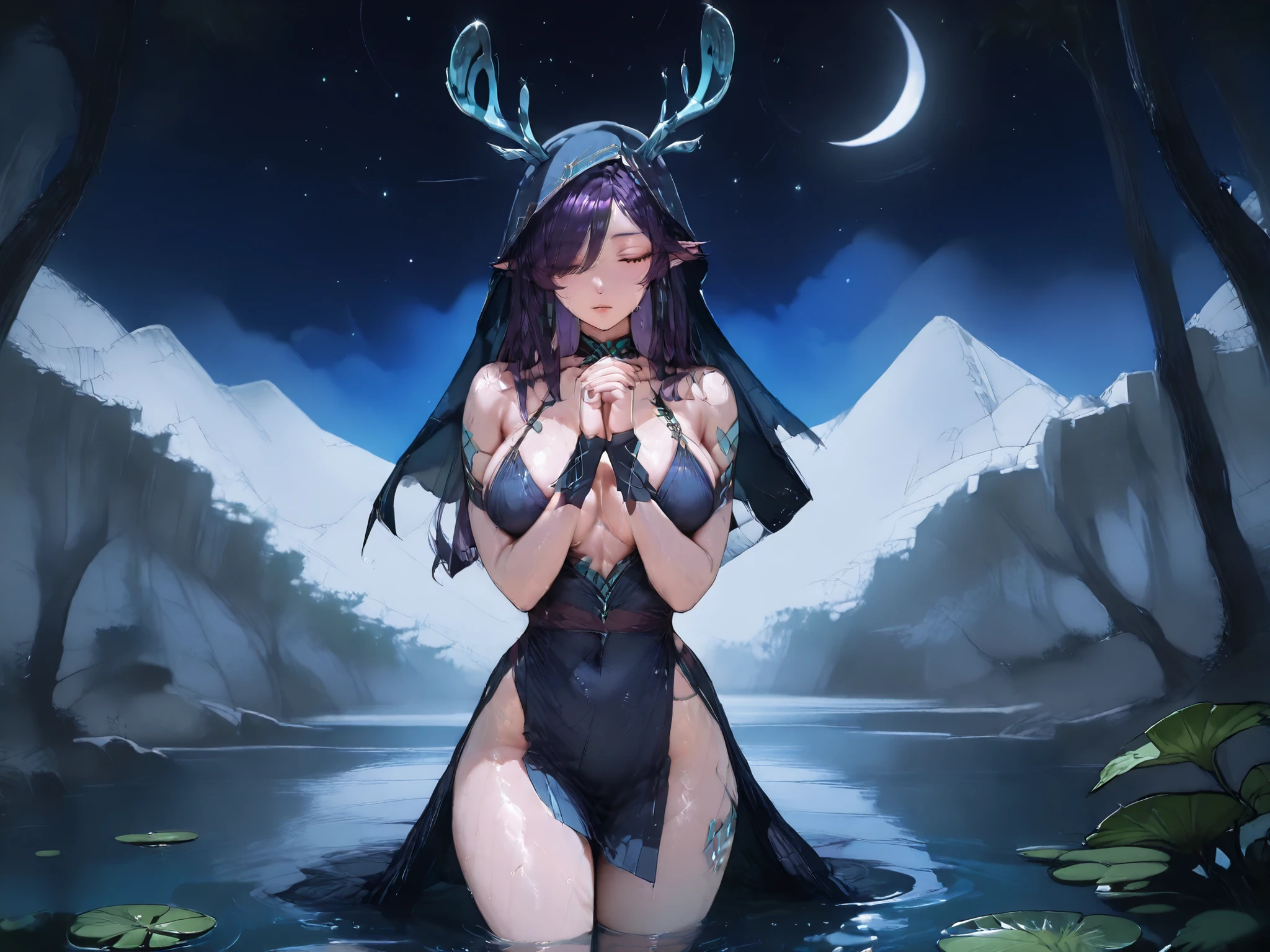 Lauma \(Genshin Impact\) a beautiful mature deer woman laying in the river praying, Medium close-up shot, focusing on the upper body and face of a young woman. The subject is positioned slightly off-center, with her head tilted back and eyes closed, creating a sense of vulnerability and repose. The composition is dominated by the subject's form, with large green lily pads framing her head and shoulders, acting as natural elements within the frame. A young adult East Asian female, appearing to be in her late twenties. She has a slender build and fair skin tone. dark purple hair, side-swept bang cover one eye, elf ears, is spread around her head and shoulders. Her facial features are delicate, with closed eyes and slightly parted lips. features snow-covered mountains and evergreen trees, with a dark sky above. 1girl, solo, unrivaled beauty, , good-looking, steaming body, young seductress, hornsm long hair, antlers hair,wet clothing, dress blue gradient dark blue edges, star (sky), veil, wrist cuffs , revealing clothes, juicy lips, skin tight, whole body, eyebrows, porcelain skin, long eyelashes, hair over one eye, long legs, large pale blue antlers ornament droplet, anklets, jewelry moon, rich girl,tall, flowing hair,straight hair, deep skin, texture, clothing texture, detailed eyes, beautiful face, beautiful girl, beautiful body, beautiful hair, Masterpiece, very aesthetic, perfect composition, intricate, (highly detailed), ((Best quality :1.2)),((Detailed :1.5)),((Detailed background :1.5)). (HD eyes:1.4), ((4k,8k,Ultra HD)), {perfect body},(oldschool style),cute face