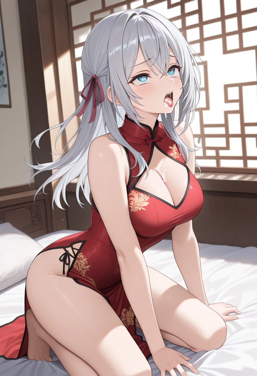 Beautiful girl with red eyes and red lips, long light gray hair,  girl with big  , in a red robe, on a bed, , , gets an 
