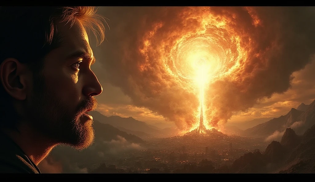 On the left side of the frame, a realistic human face in profile ...