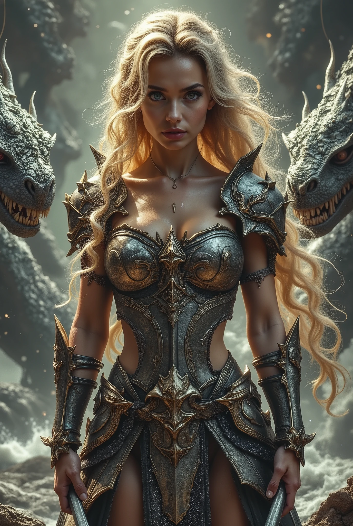 (Best Quality,4K,8k,high definition,masterpiece:1.2),Super Detail,(photo;1.3)、 ((full body):1.3), ((detailed eyes):1.3),((Fresh)), A woman in gladiator armor、blonde hair、((has a gorgeous large sword:1.4))、((Legendary Sword))、((Fighting the Dragon:1.4))、(realistic dragons:1.5)、Highlight the large sword、gold hair accessories、Beautiful Abs, emphasizes light,Fighting the Dragon, Shadow and space
