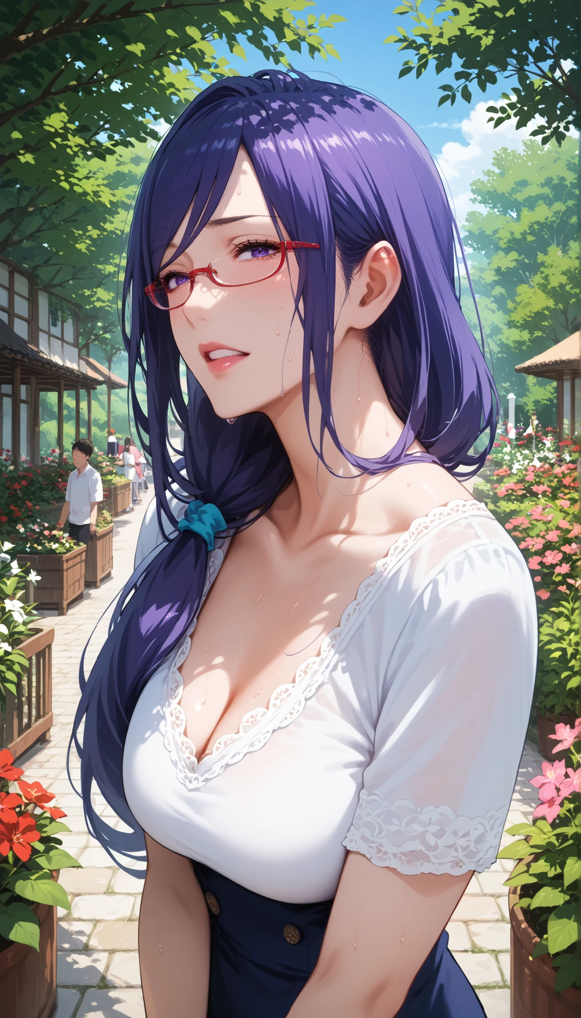score_9, score_8_up, score_7_up, score_6_up, score_5_up, score_4_up, source_anime, anime art, anime style, masterpiece, Highest Quality, 1girl, mature woman, , , Rize Kamishiro,,Sweating, watching you, lips, , Face of pain, long hair ,Wear Glasses, Casual Clothes, in garden