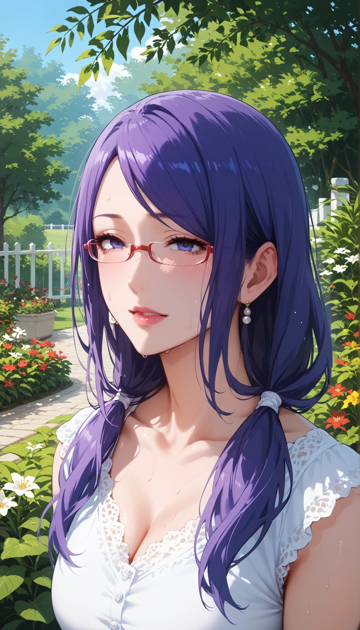 score_9, score_8_up, score_7_up, score_6_up, score_5_up, score_4_up, source_anime, anime art, anime style, masterpiece, Highest Quality, 1girl, mature woman, , , Rize Kamishiro,,Sweating, watching you, lips, , Face of pain, long hair ,Wear Glasses, Casual Clothes, in garden