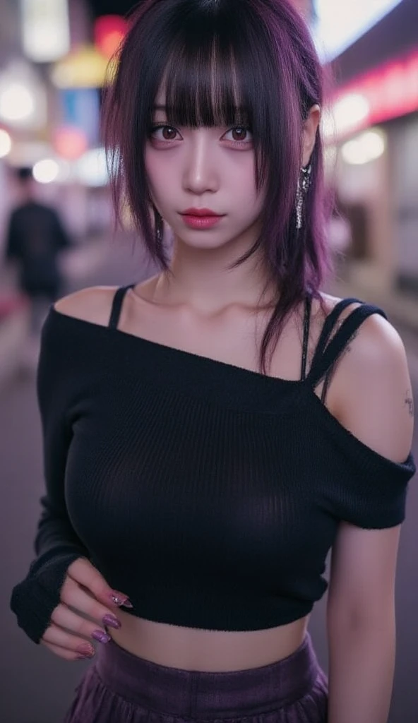 (Safety Sensor、sfw:1.8, Approved as safe、Can be viewed:1.8),masterpiece、masterpiece、highest quality、highest quality、Accurate the human body、Lighting to suit the mood、Accurate、Elaborate、masterpiece、Exquisite  detail、Detailed Background、Background Blur、Detailed and beautiful background、Accurate 5-finger、Accurate human body、The perfect human body、
break、

(Straight ショートボブhair、 Black & red hair、Heavy bangs、White skin、Super big boobs:1.5、nightlife:1.8, night:1.6, Dim lighting:1.8, jirai girl:1.5, jirai makeup:1.2), Open Doorway:1.8、 Side zip off-the-shoulder sweater、:1.5,Vulgar Grin:1.8, Mesgaquismiles:1.8、 provocative girl:1.8、Downtown at night、Big city、A street corner in the red light district at night、crowd:1.8