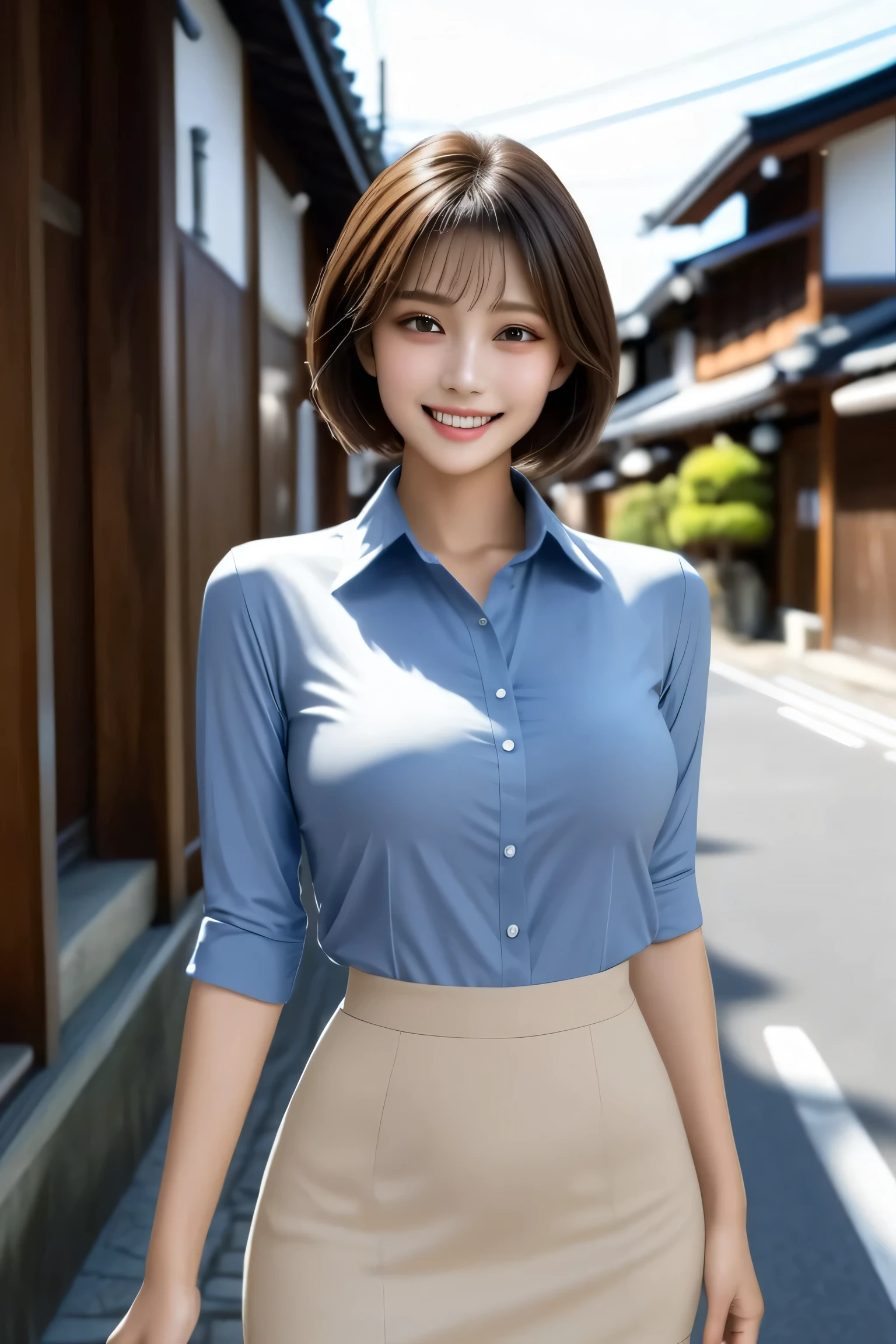 (masterpiece, best quality, photorealistic, 8k, ultra-detailed),
Full-body view of a beautiful woman from mid-thigh up (cowboy shot), with natural makeup, dark brown eyes, defined double eyelids, long silky eyelashes, and a confident alluring grin showing perfect white teeth.
She has sophisticated short hair and wears a navy blue shirt, black tight mini skirt, and an elegant silver necklace.
Standing on the streets of Kyoto with traditional architecture and cinematic nighttime lighting, professional photography style.
beautiful face, smile, grin