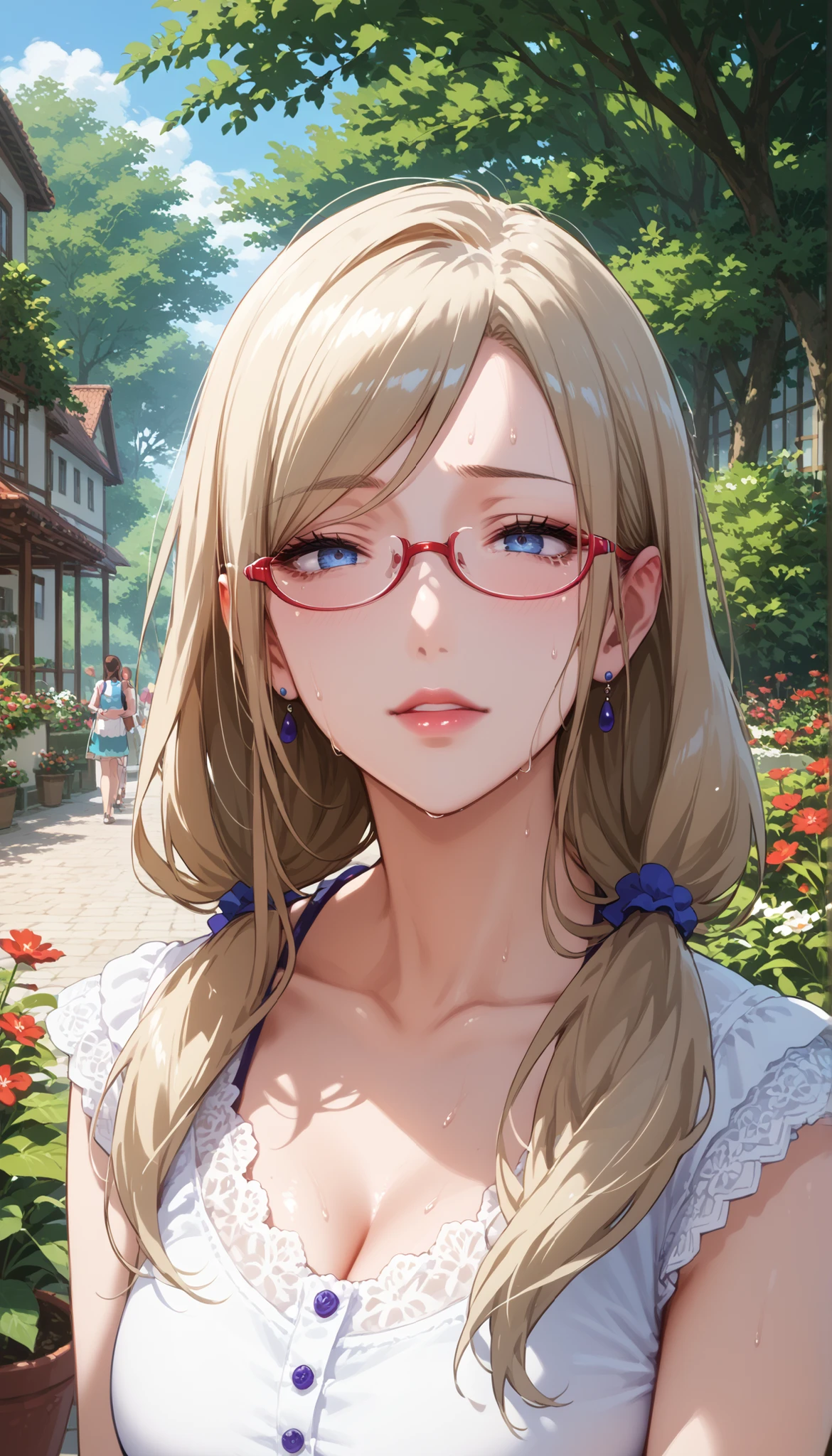 score_9, score_8_up, score_7_up, score_6_up, score_5_up, score_4_up, source_anime, anime art, anime style, masterpiece, Highest Quality, 1girl, mature woman, , , Rize Kamishiro,,Sweating, watching you, lips, , Face of pain, long hair ,Wear Glasses, Casual Clothes, in garden