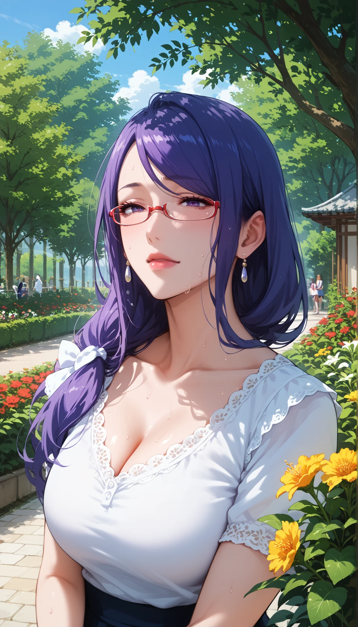 score_9, score_8_up, score_7_up, score_6_up, score_5_up, score_4_up, source_anime, anime art, anime style, masterpiece, Highest Quality, 1girl, mature woman, , , Rize Kamishiro,,Sweating, watching you, lips, , Face of pain, long hair ,Wear Glasses, Casual Clothes, in garden